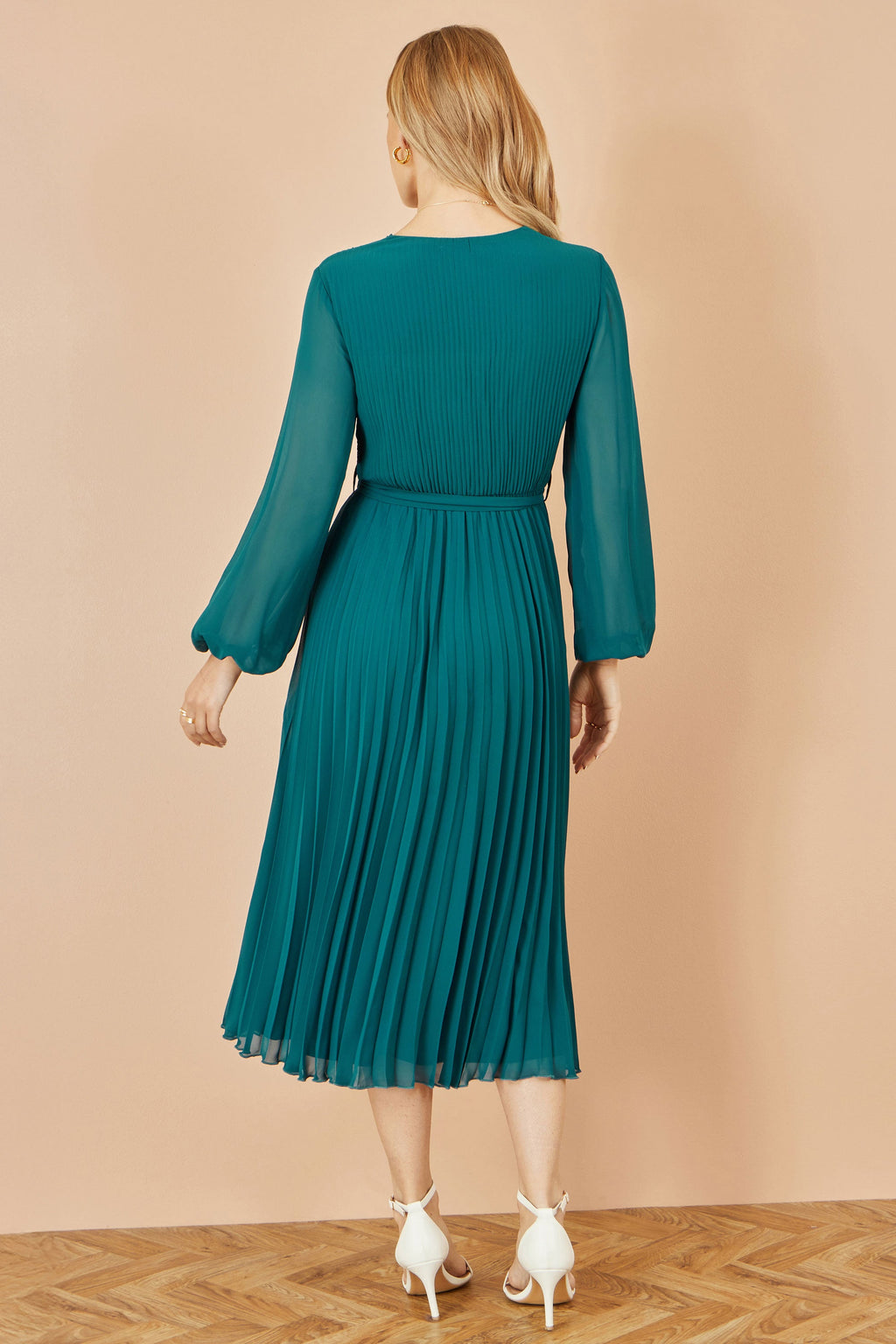 Yumi Teal Pleated Wrap Midi Dress With Sheer Long Sleeves