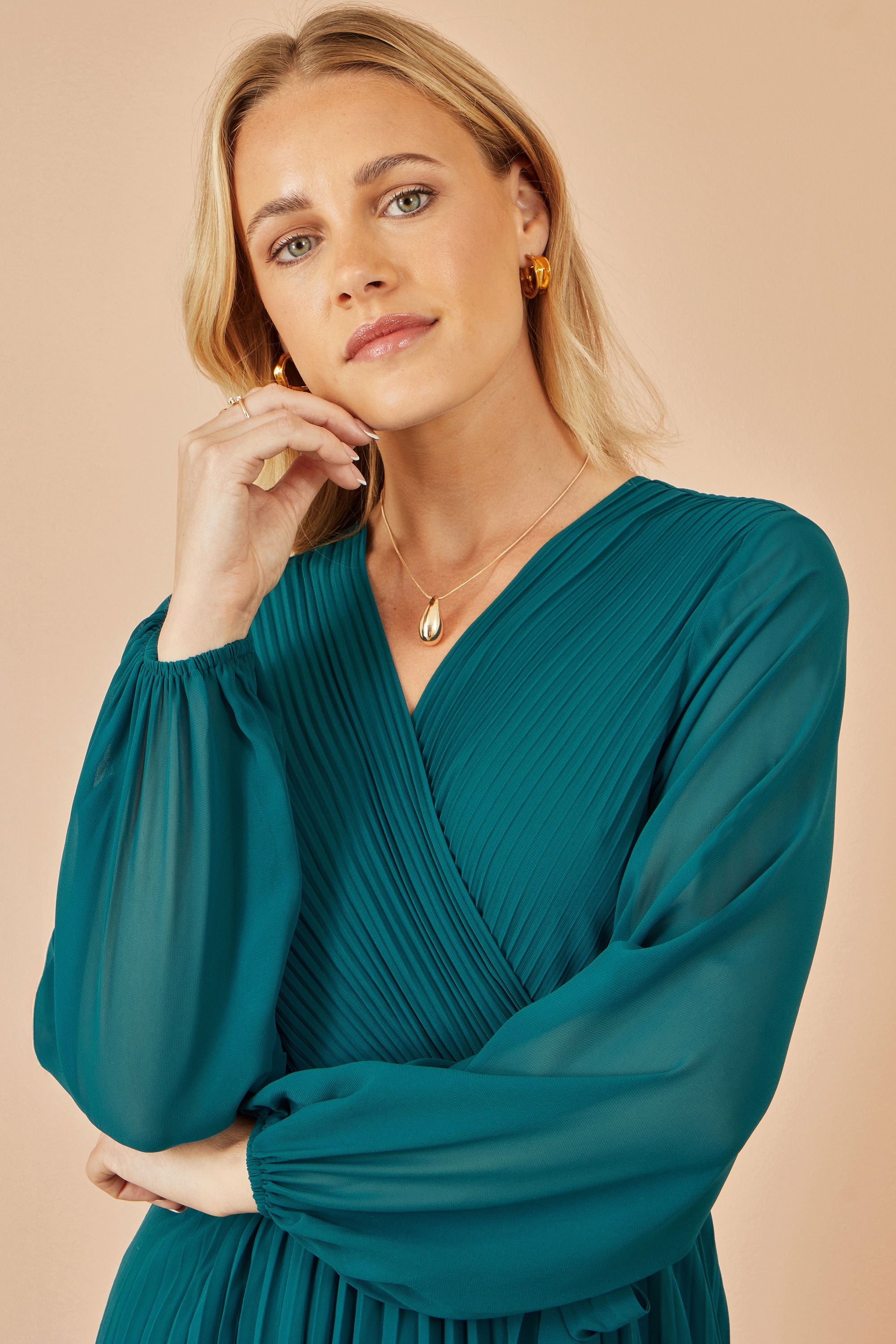 Yumi Teal Pleated Wrap Midi Dress With Sheer Long Sleeves