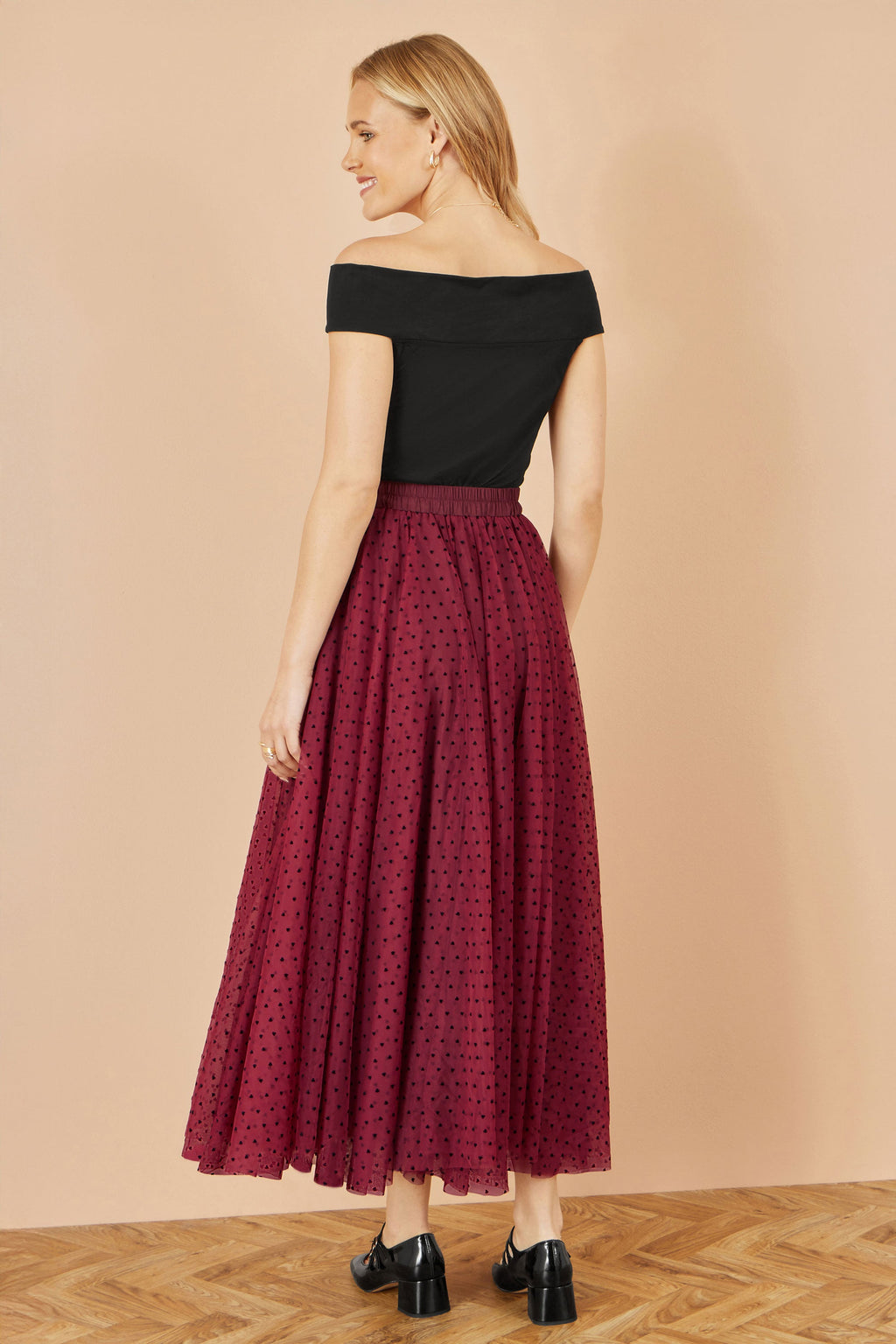 Yumi Burgundy Mesh Heart Print Tulle Skirt