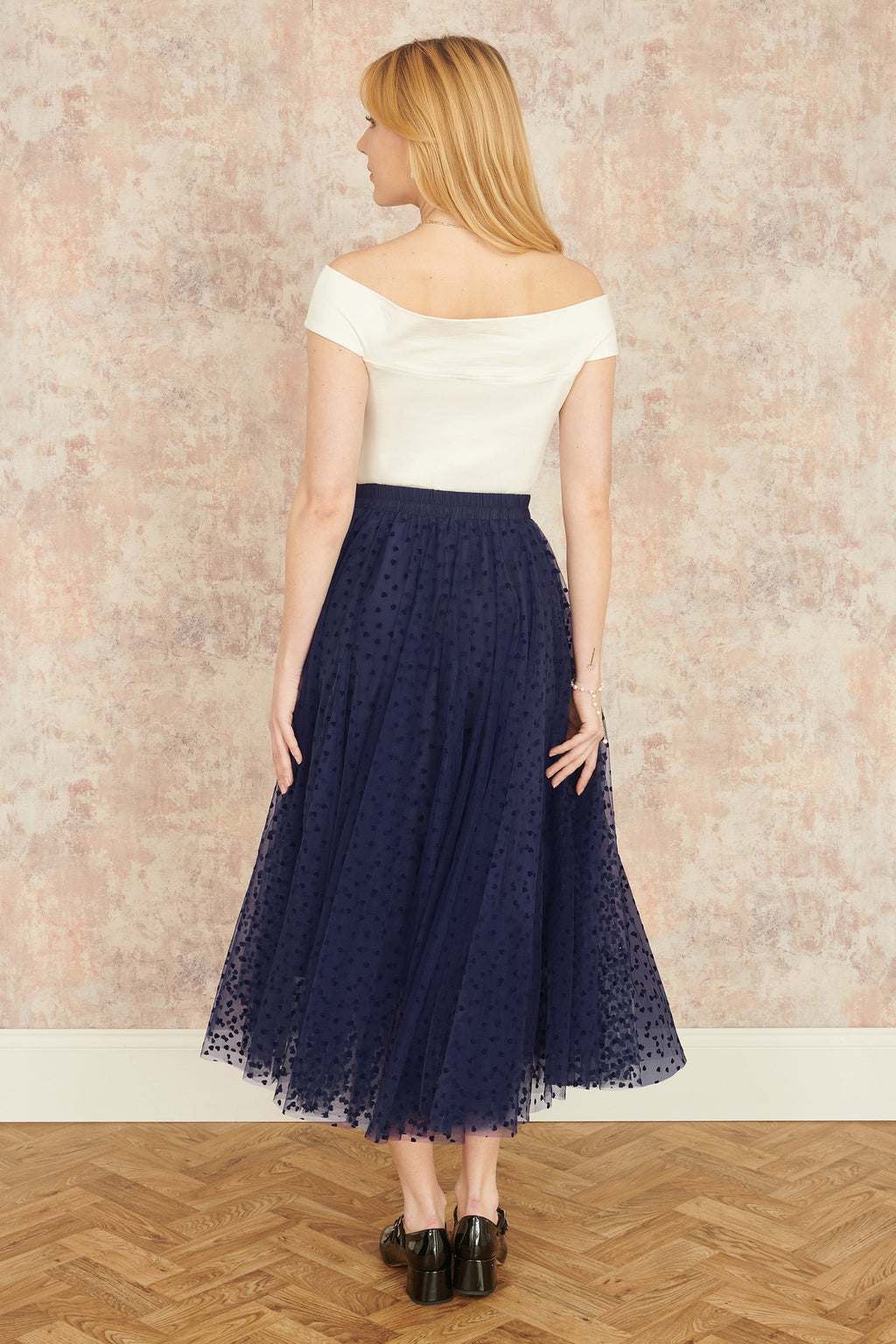 Yumi Navy Mesh Heart Print Tulle Skirt