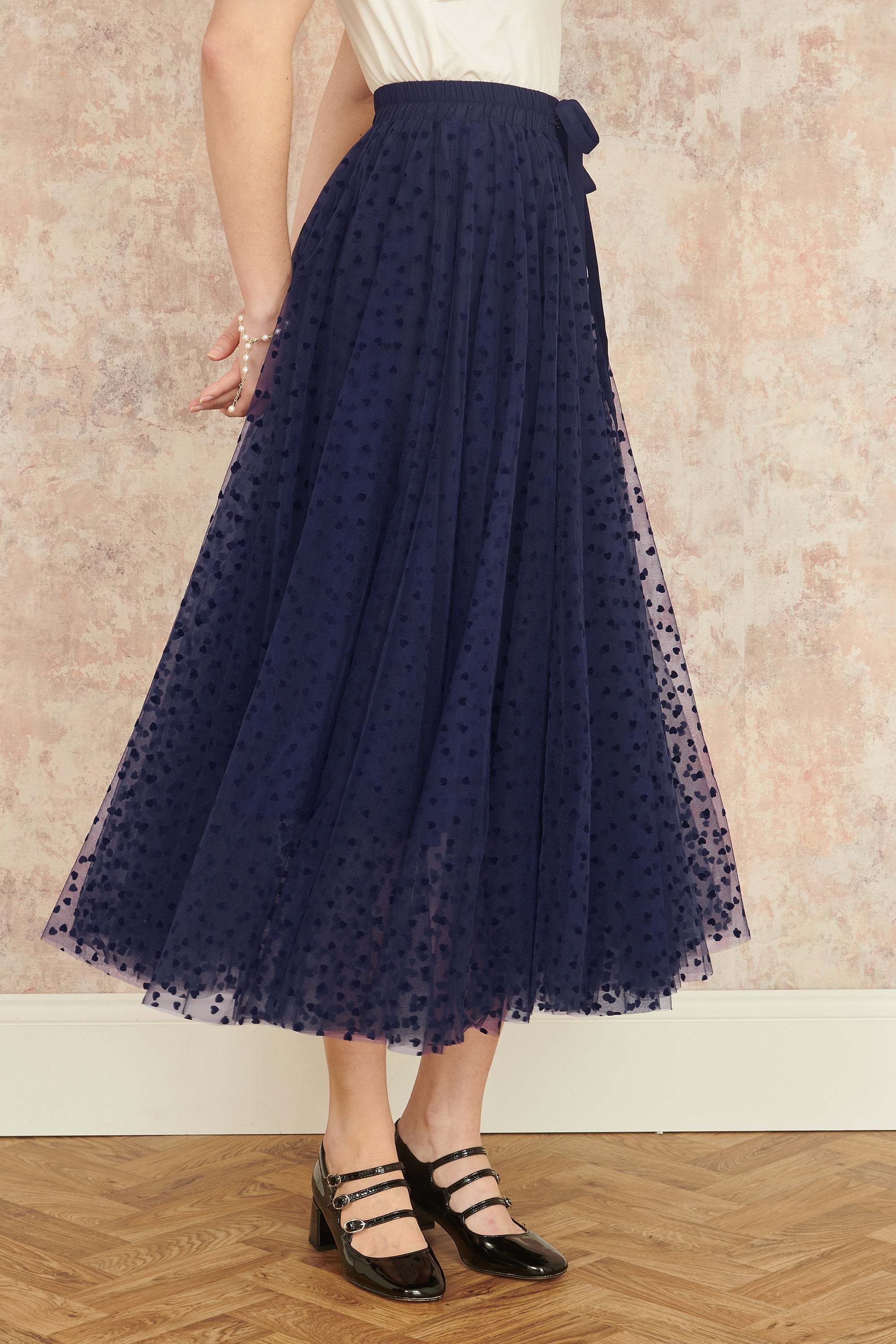 Yumi Navy Mesh Heart Print Tulle Skirt