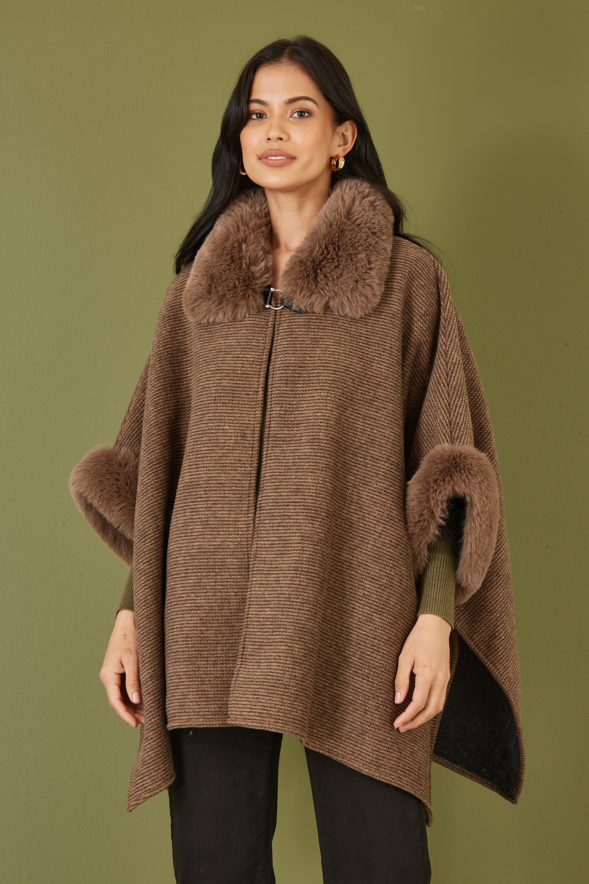 Yumi Brown Cape With Luxe Fur Trim And Lining