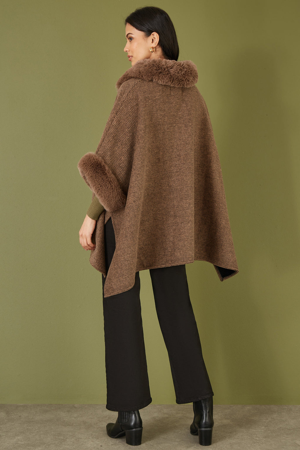 Yumi Brown Cape With Luxe Fur Trim And Lining