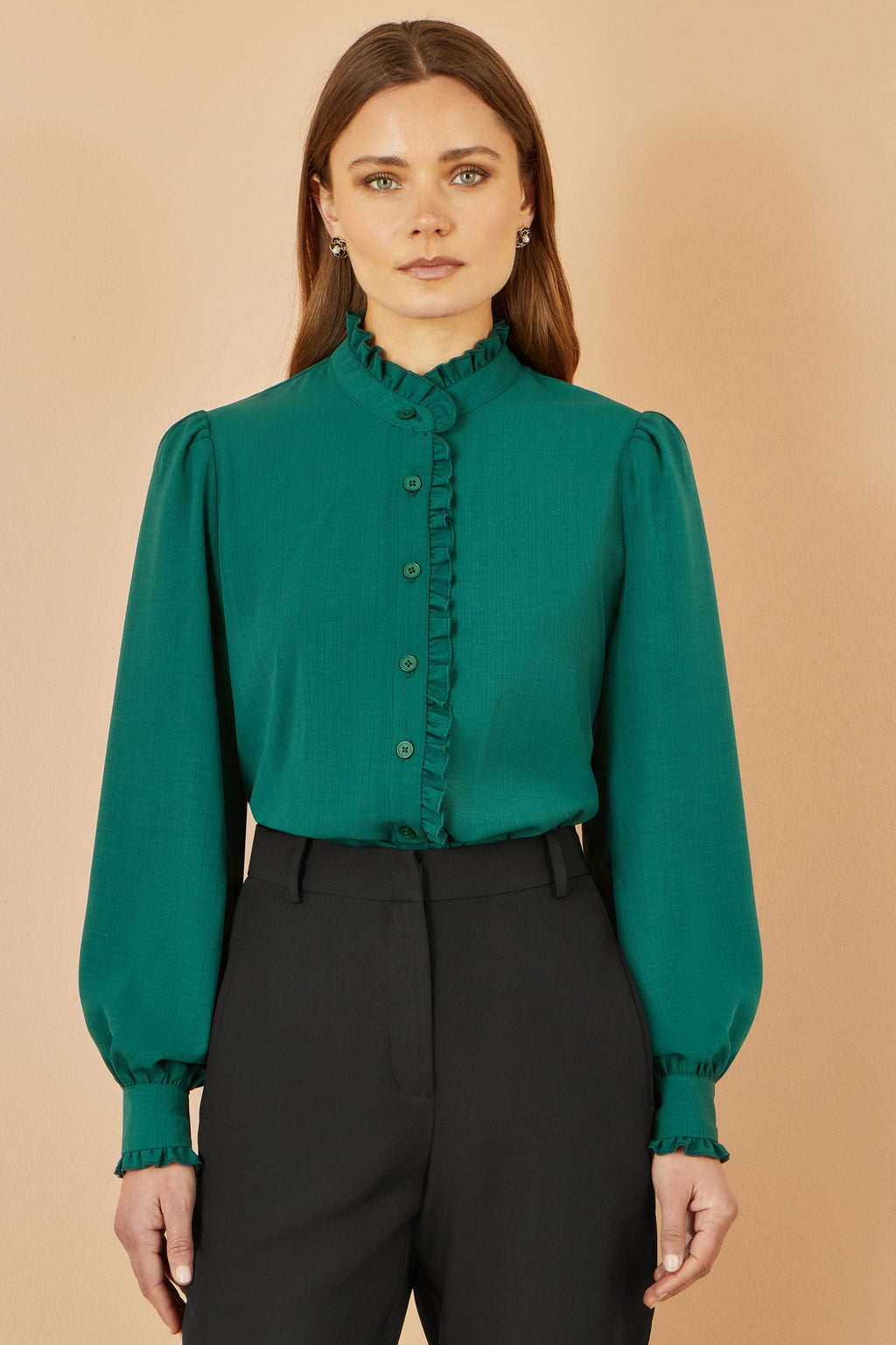 Yumi Green Frill High Neck Shirt