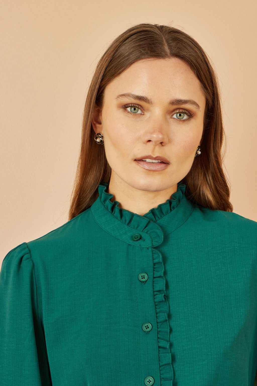 Yumi Green Frill High Neck Shirt