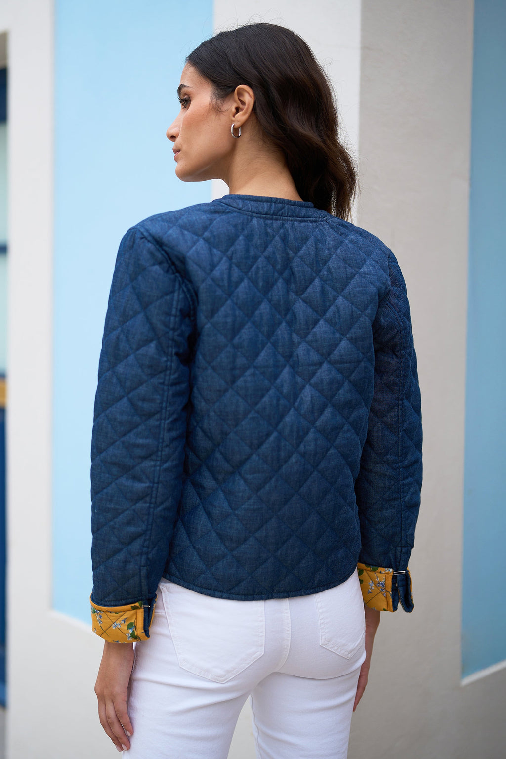 Yumi Blue Chambray Quilted Jacket With Reversible Floral Lining