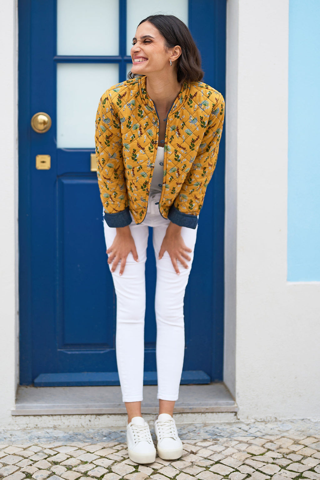 Yumi Blue Chambray Quilted Jacket With Reversible Floral Lining