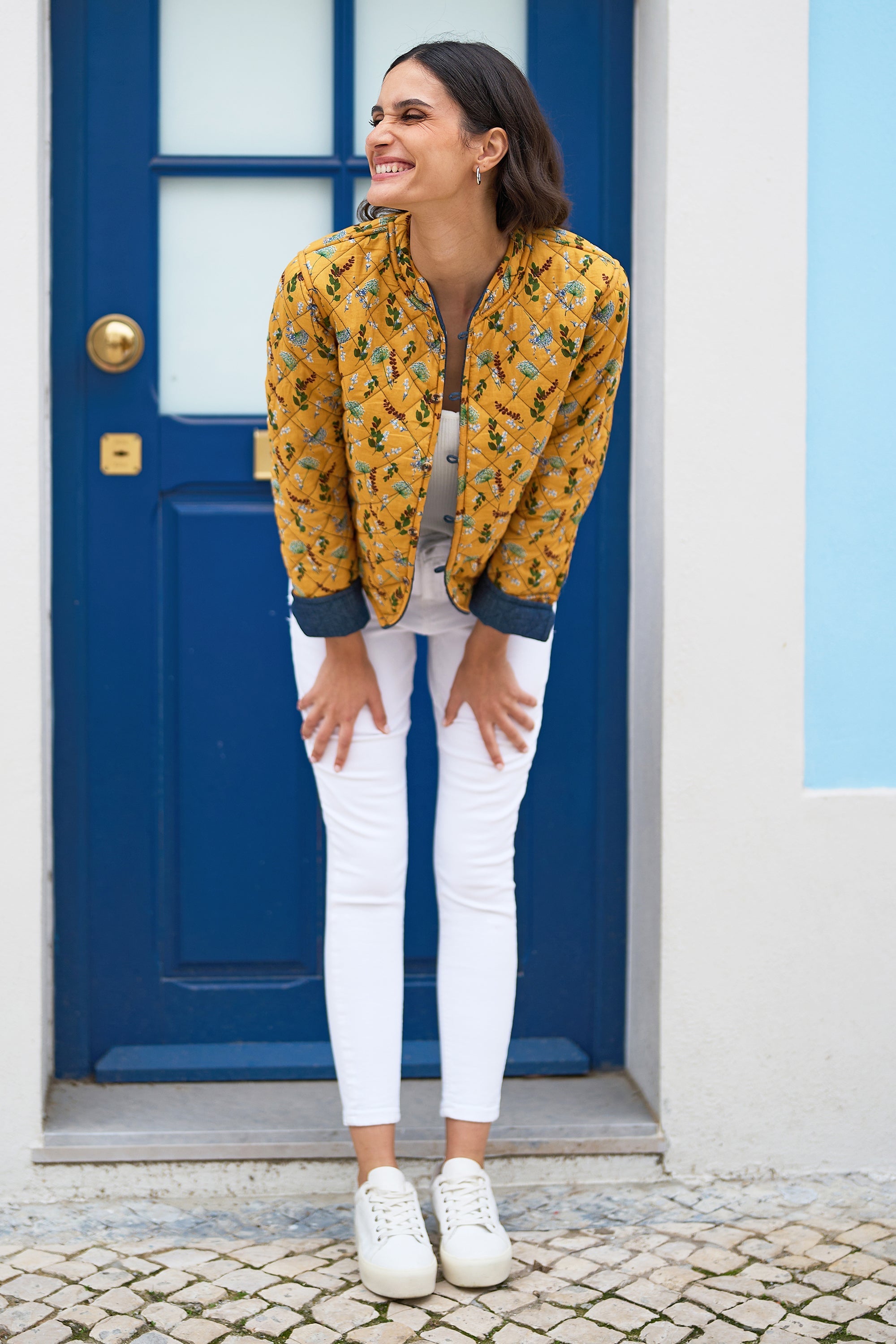 Yumi Blue Chambray Quilted Jacket With Reversible Floral Lining