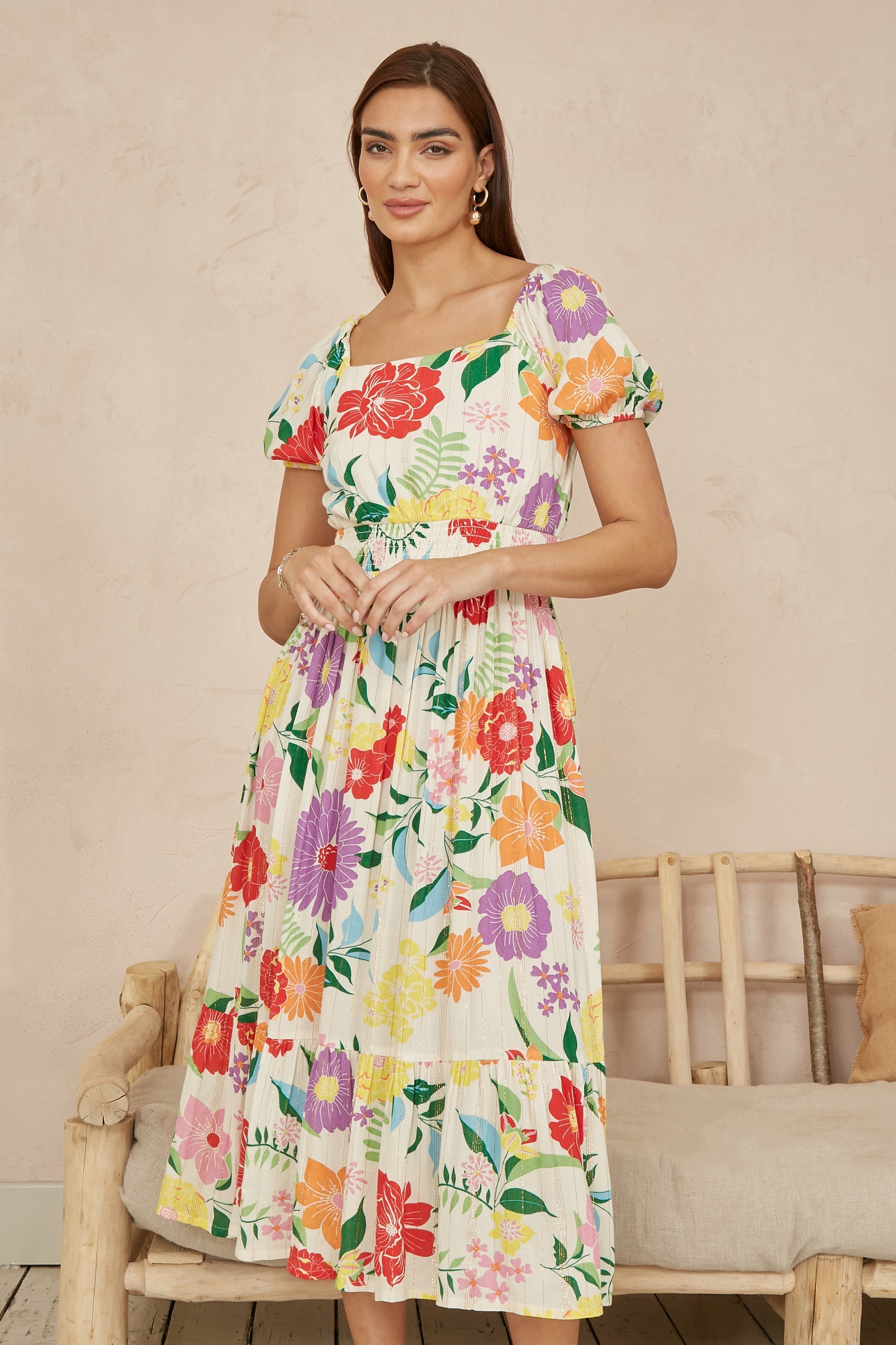 Yumi White Big Floral Midi Dress