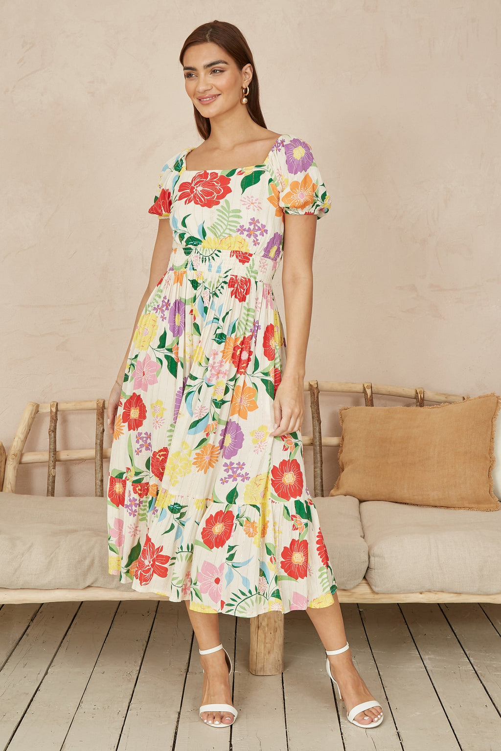 Yumi White Big Floral Midi Dress