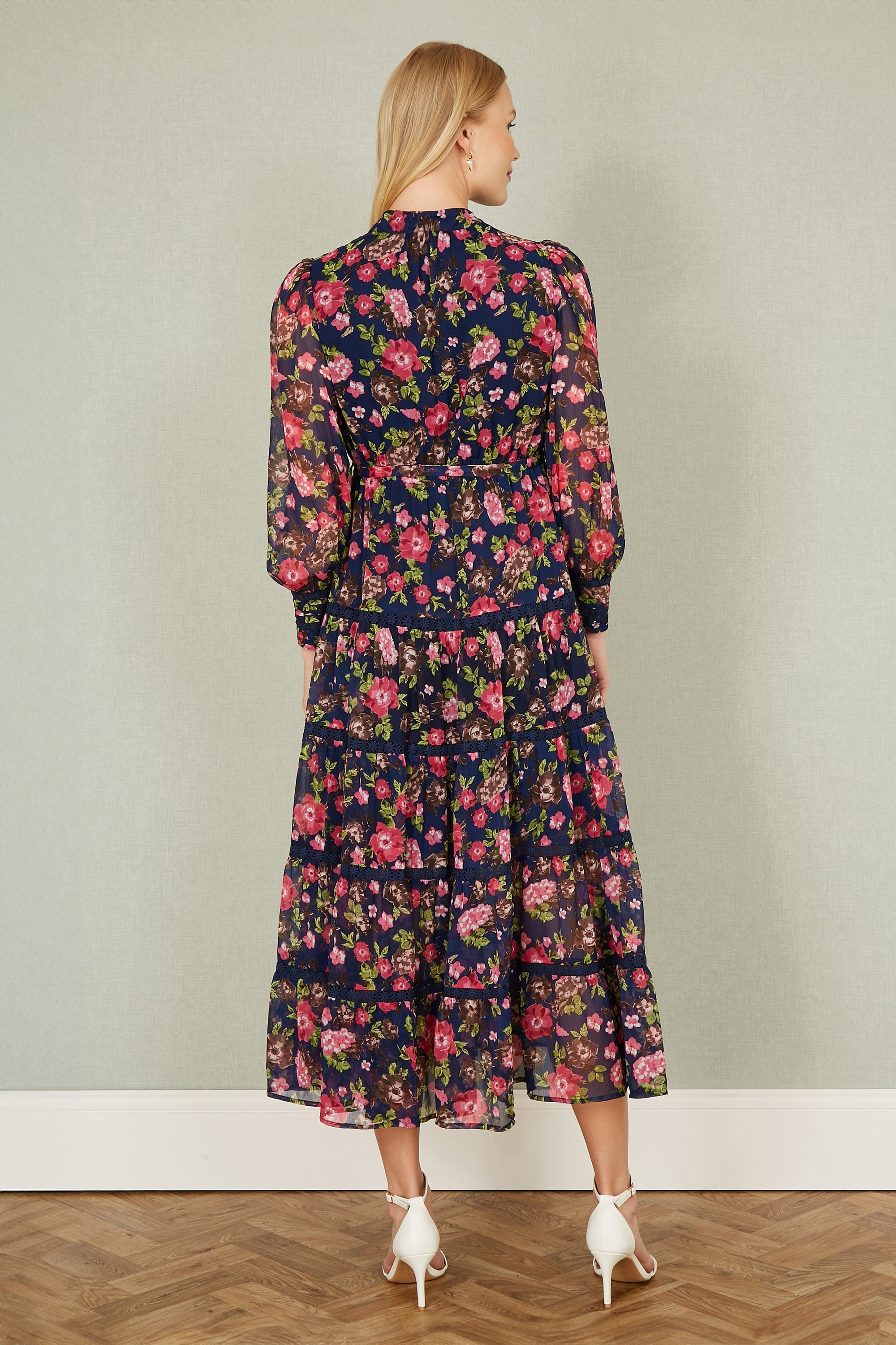 Yumi Navy Blossom Print Maxi Dress With Long Sleeves and Lace Trims