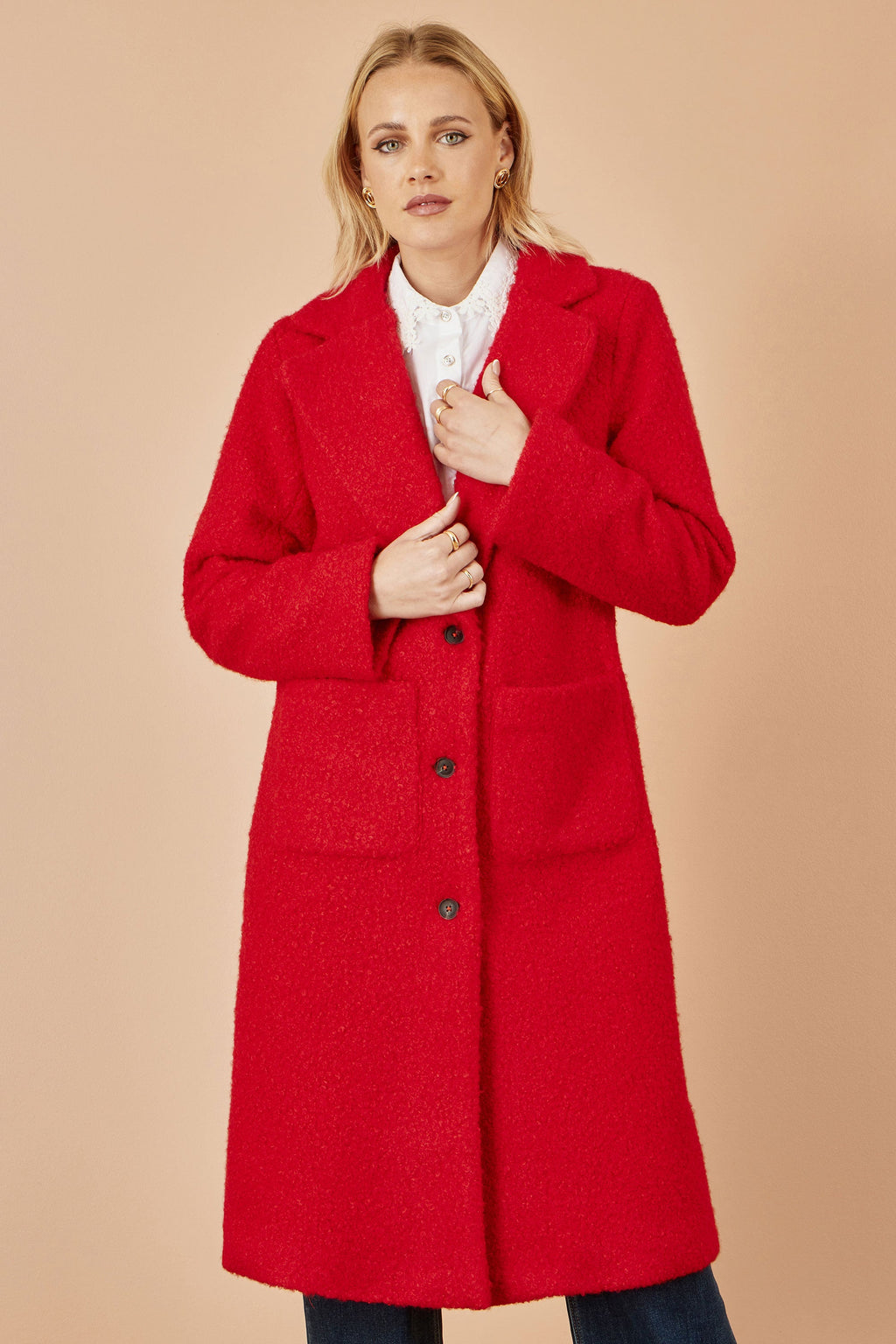 Yumi Red Boucle Long Line Coat