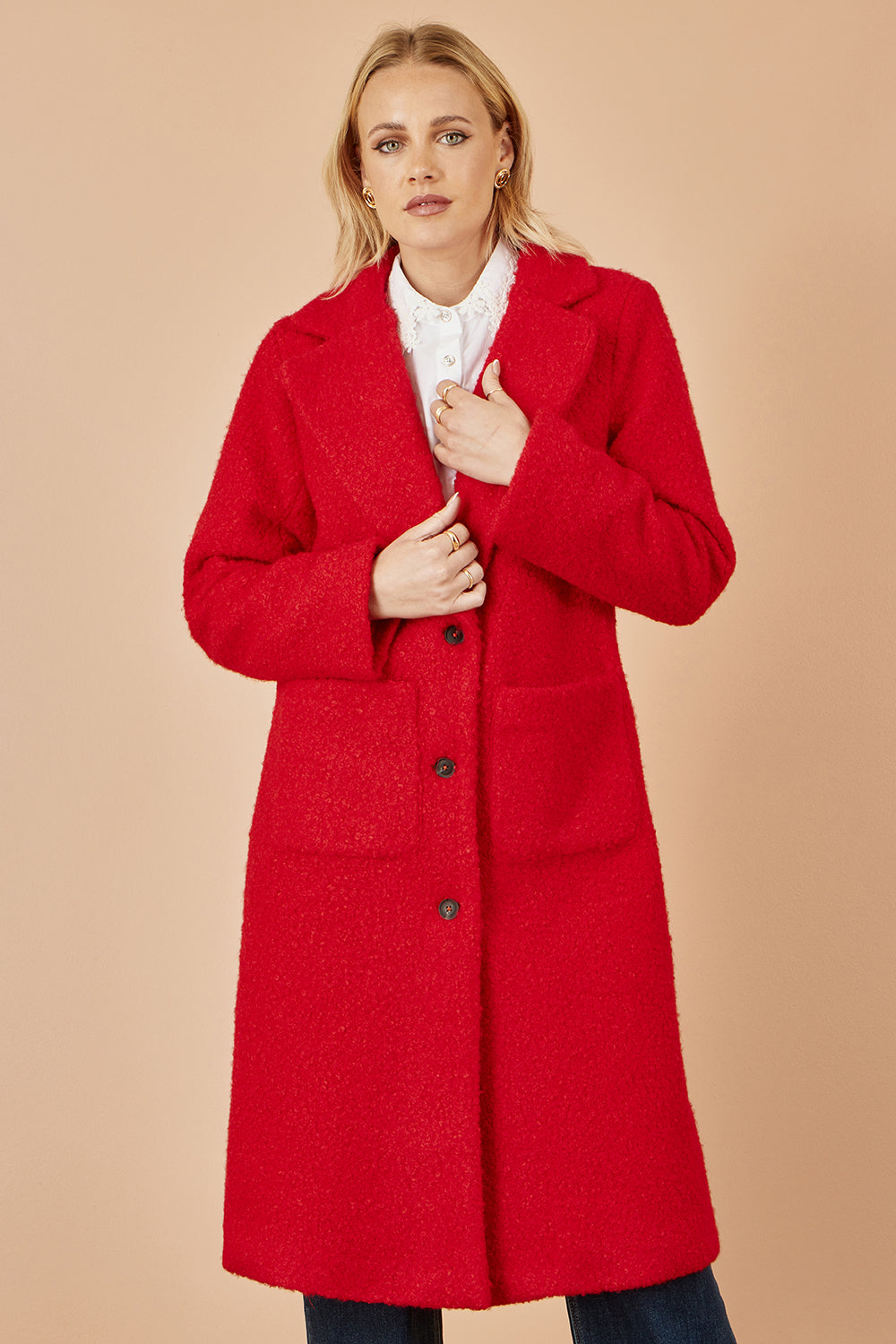 Yumi Red Boucle Long Line Coat