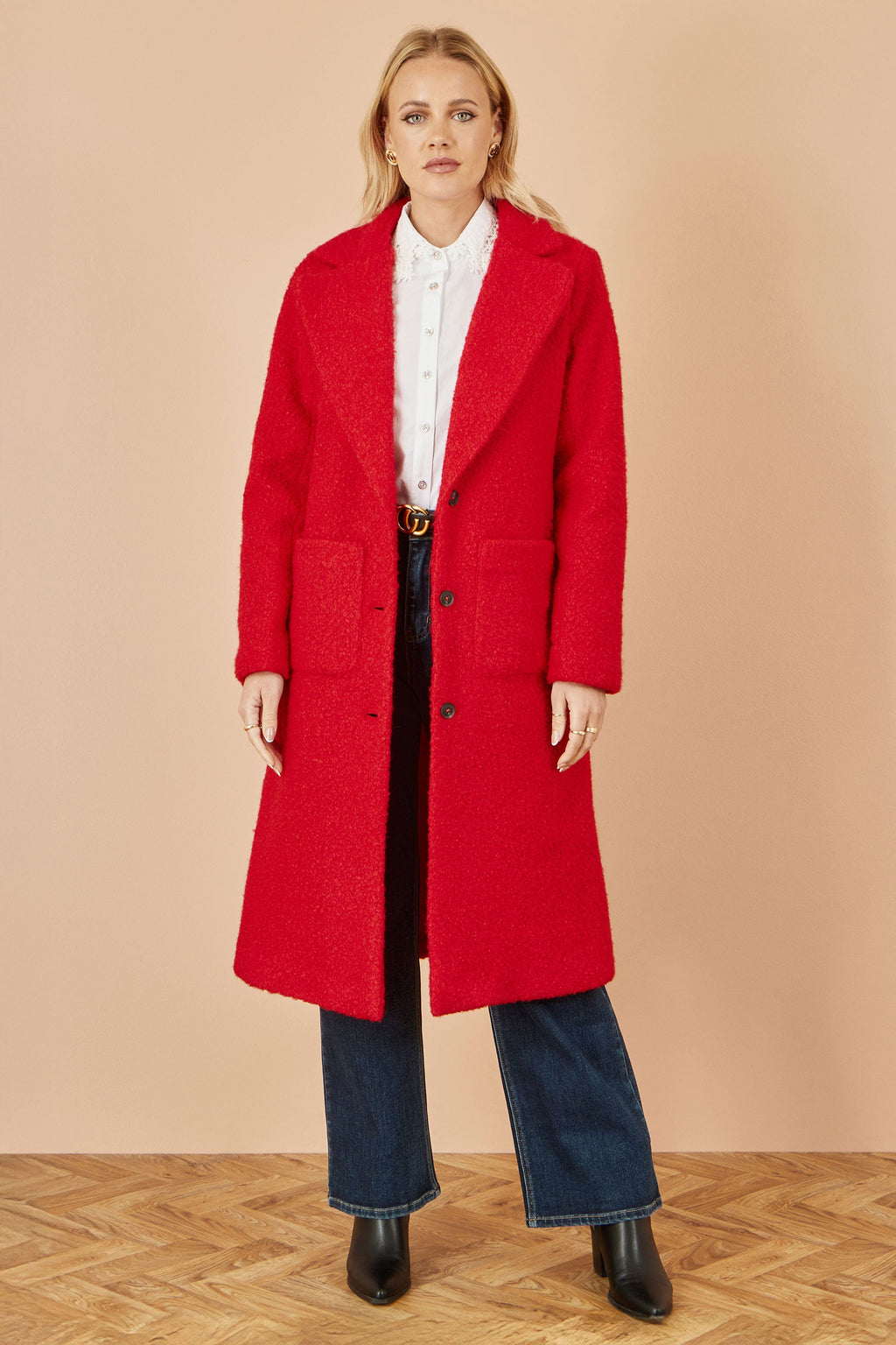 Yumi Red Boucle Long Line Coat