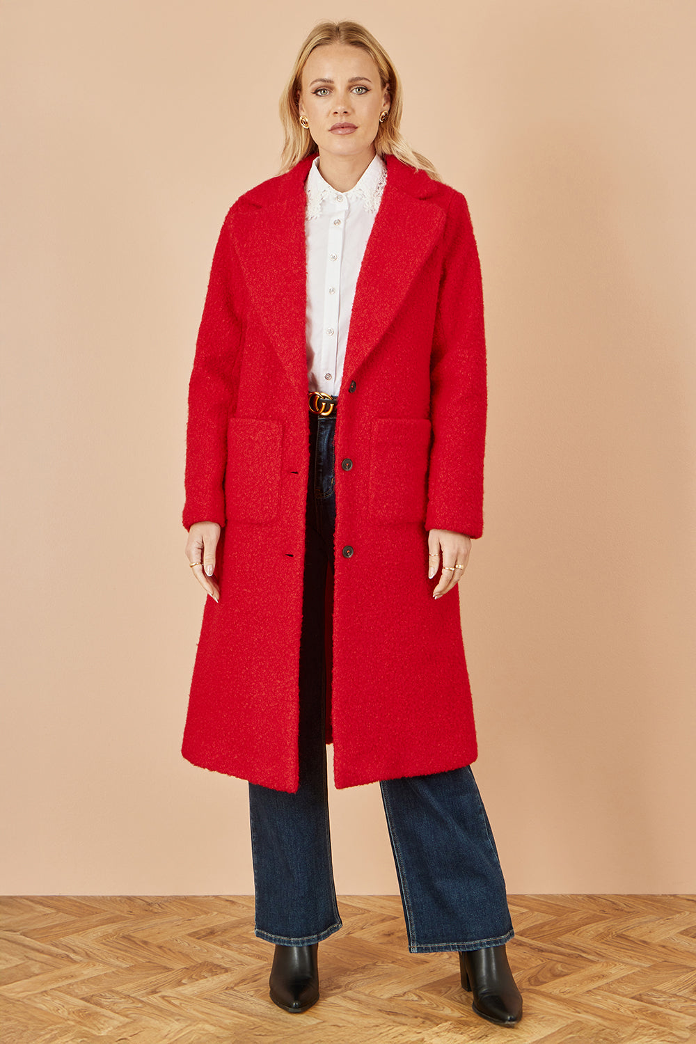 Yumi Red Boucle Long Line Coat