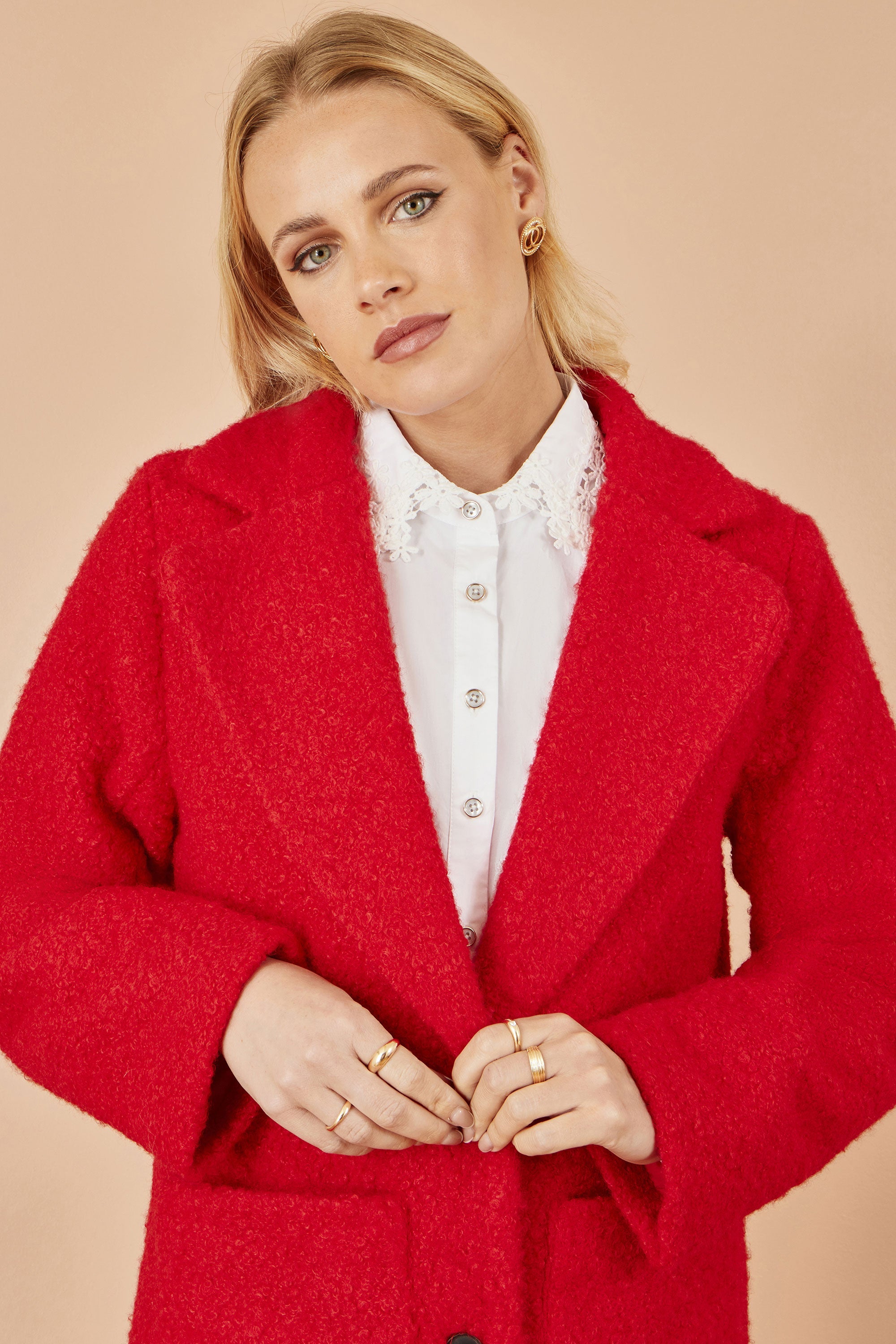 Yumi Red Boucle Long Line Coat