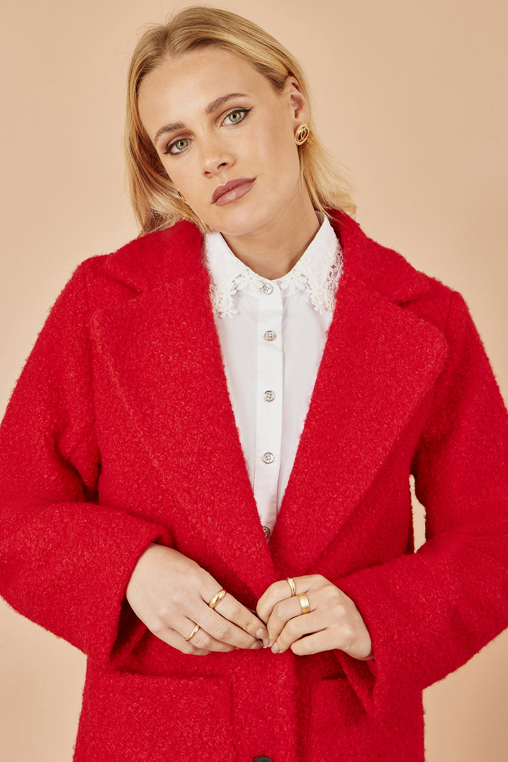 Yumi Red Boucle Long Line Coat