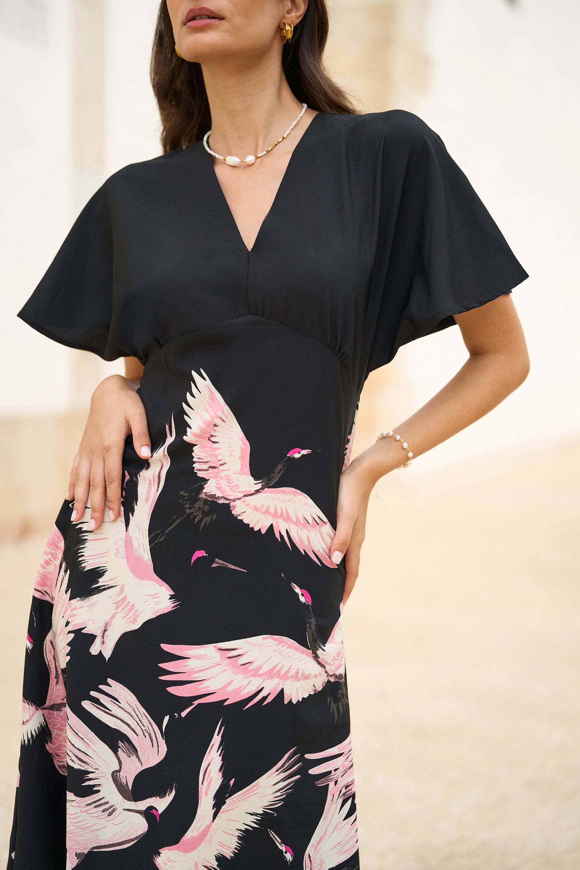 Yumi Black Recycled Fabric Crane Print Kimono Midi Dress