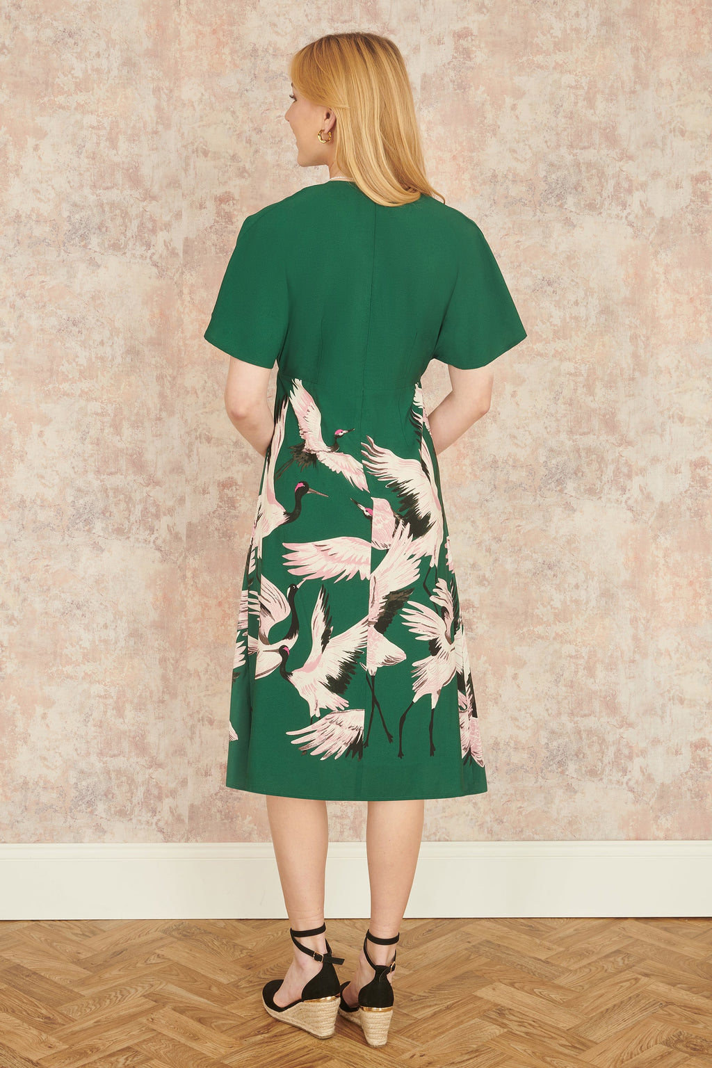 Yumi Green Recycled Fabric Crane Print Kimono Midi Dress