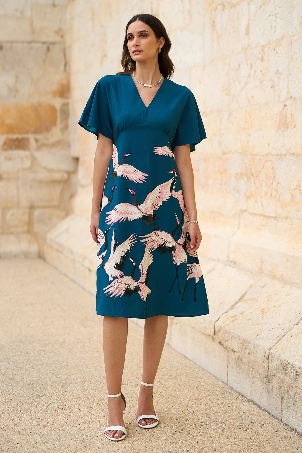 Yumi Teal Recycled Fabric Crane Print Kimono Midi Dress