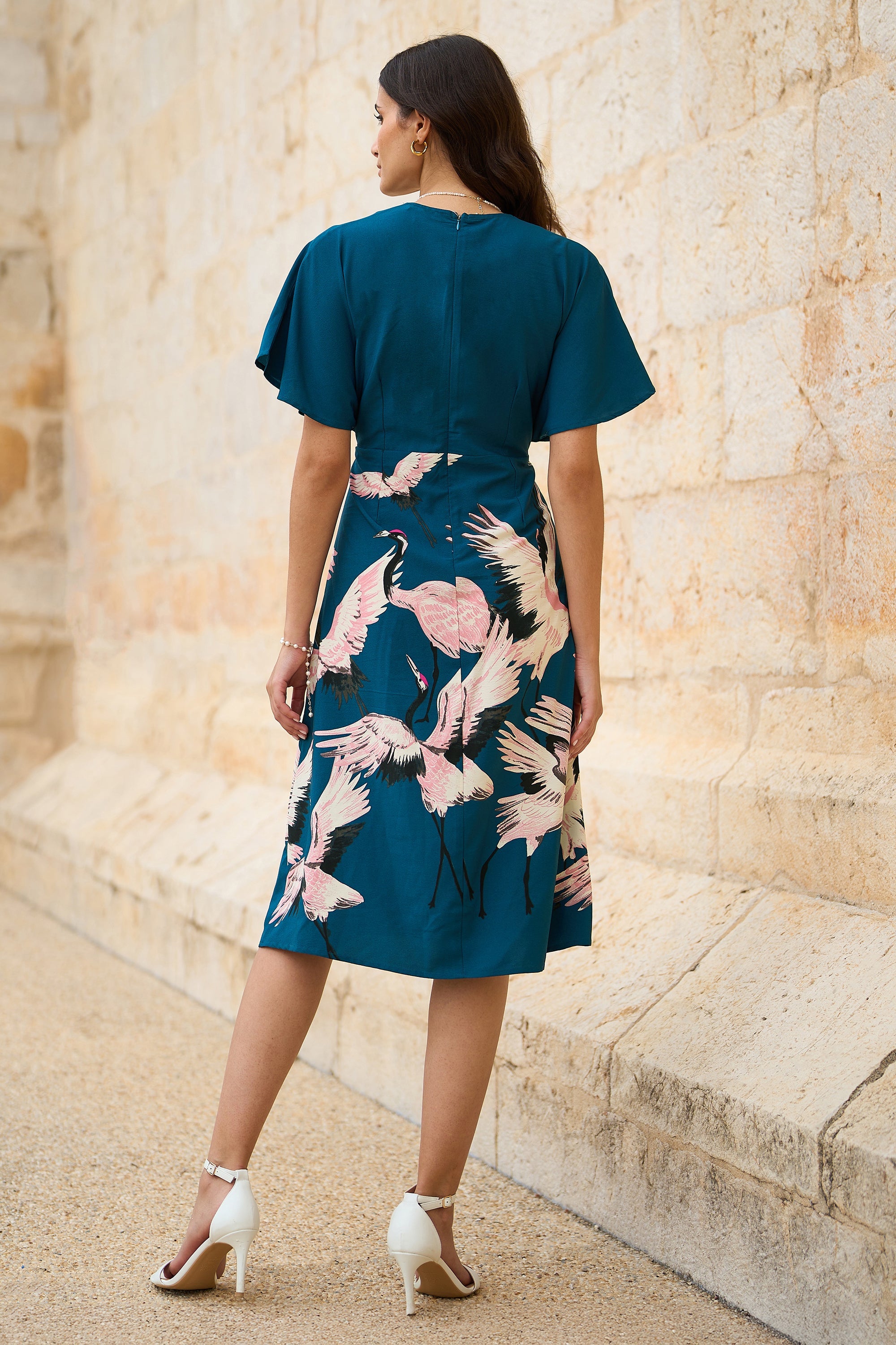 Yumi Teal Recycled Fabric Crane Print Kimono Midi Dress