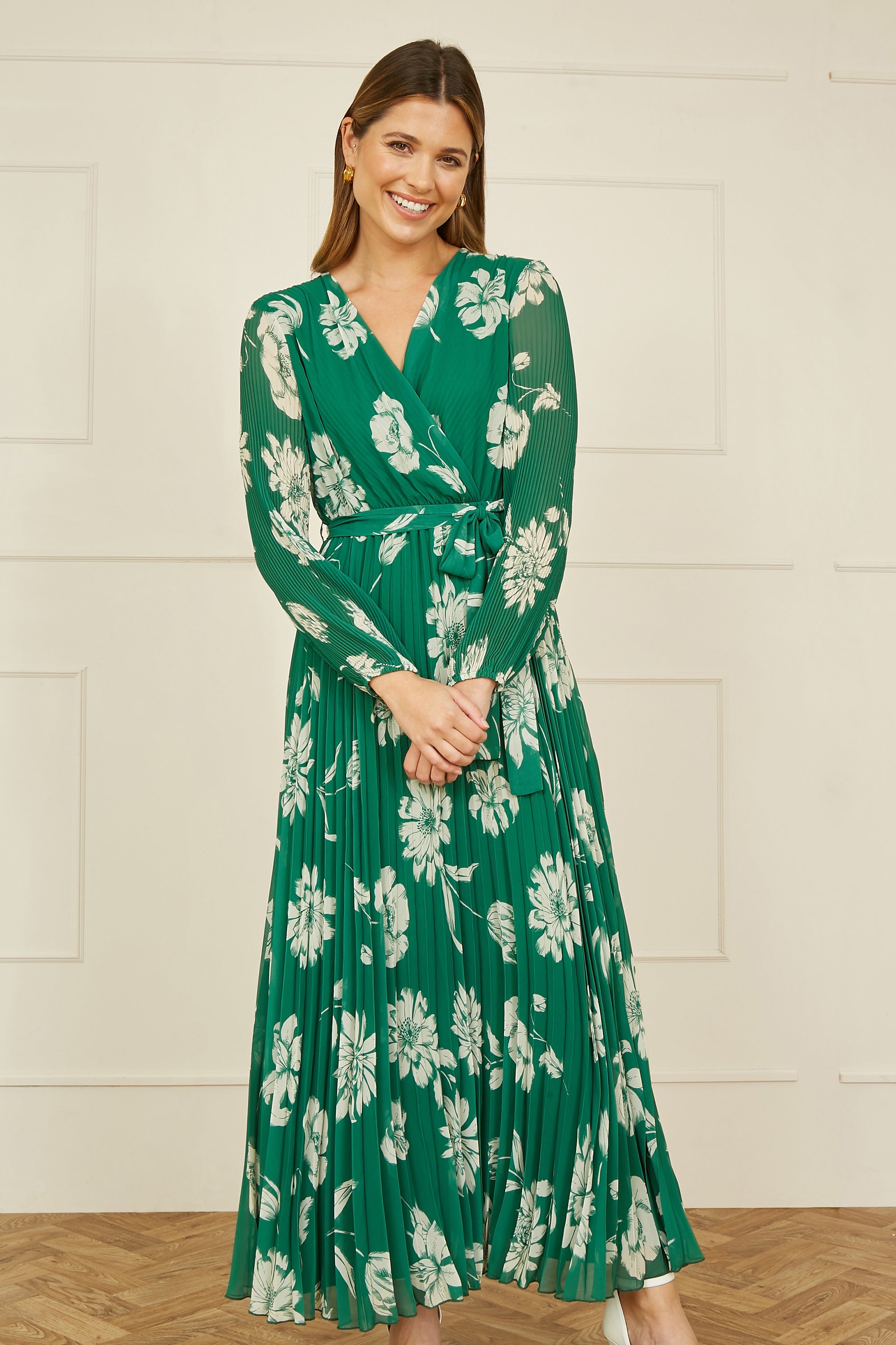 Yumi Green Floral Pleated Midi Wrap Long Sleeve Dress