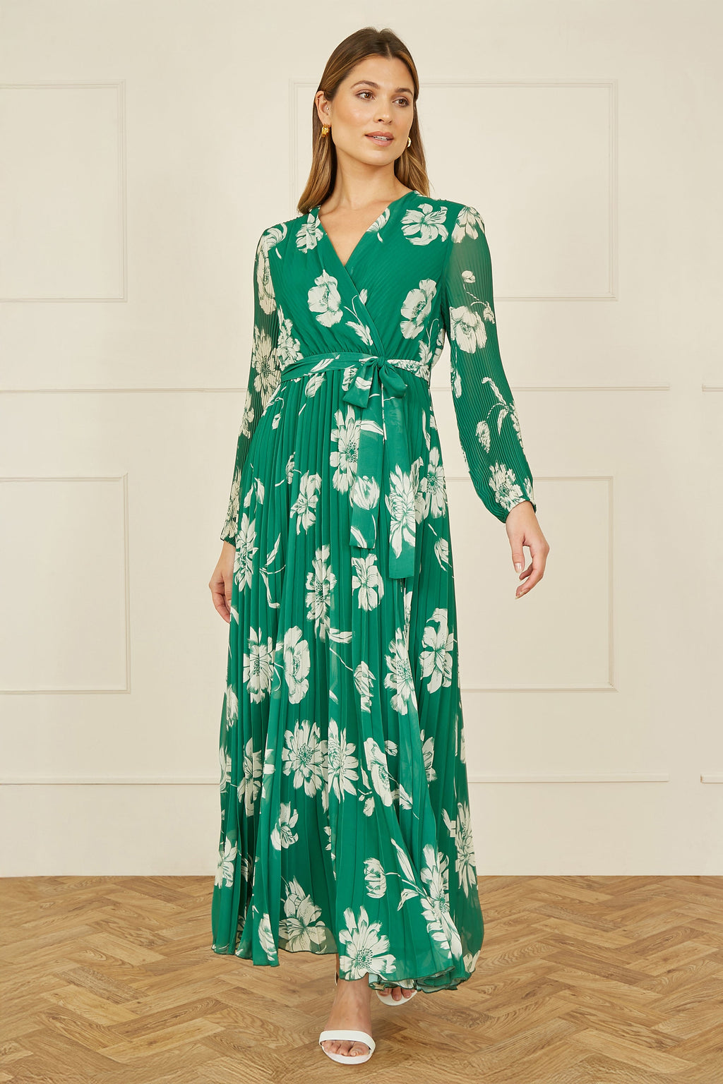 Yumi Green Floral Pleated Midi Wrap Long Sleeve Dress