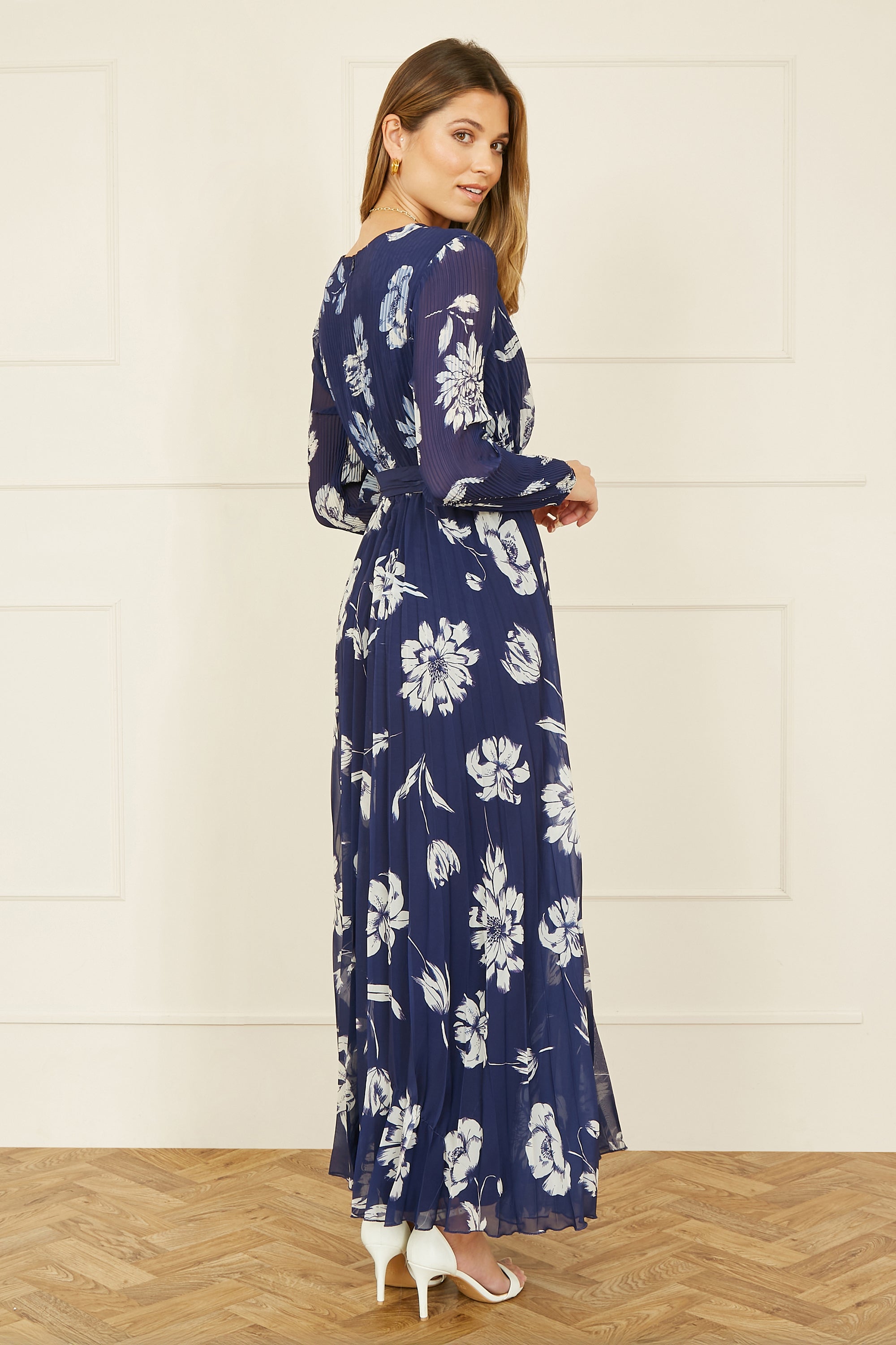 Yumi Navy Floral Pleated Midi Wrap Long Sleeve Dress