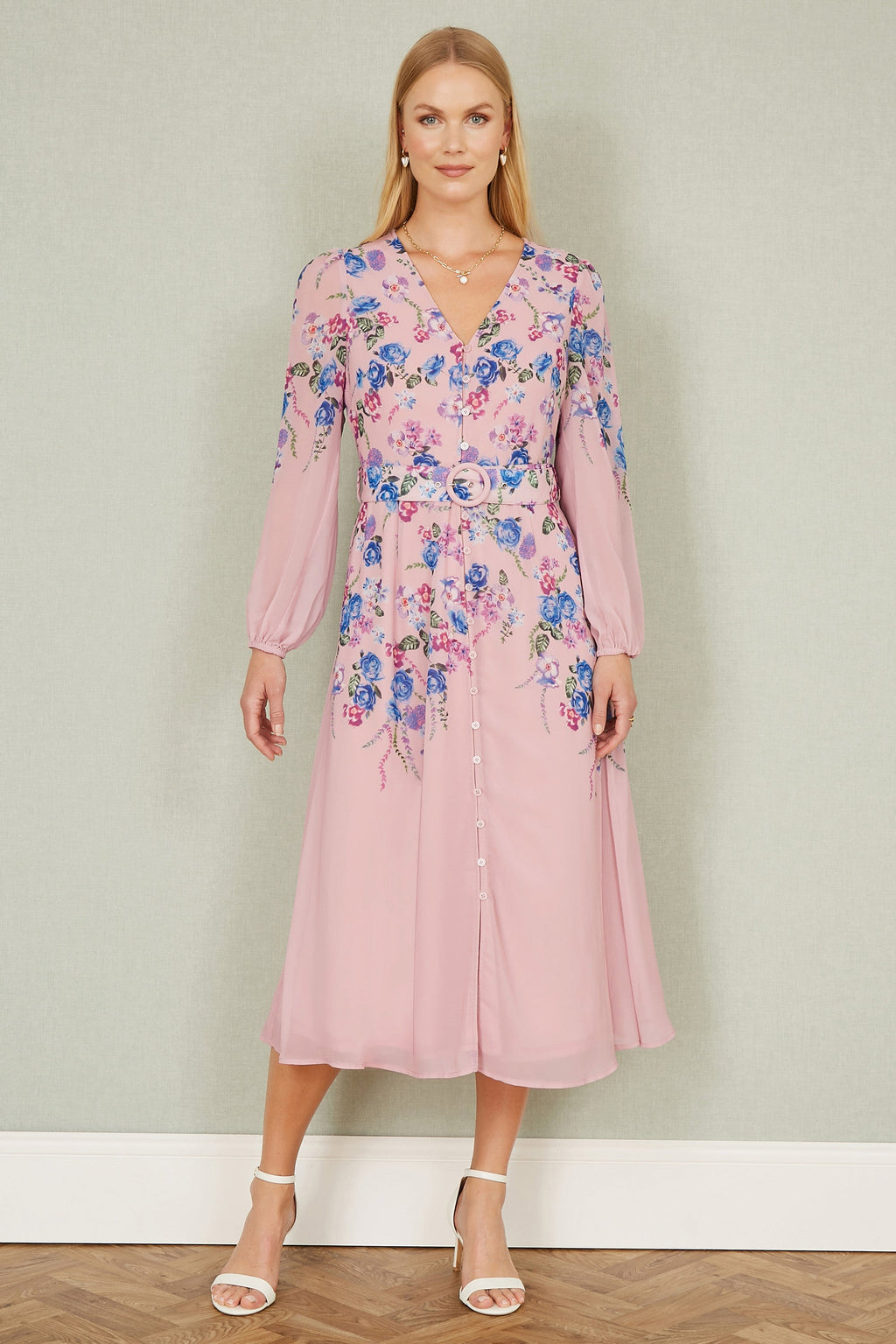 Yumi Pink Floral Placement Button Down Midi Dress With Long Sleeves