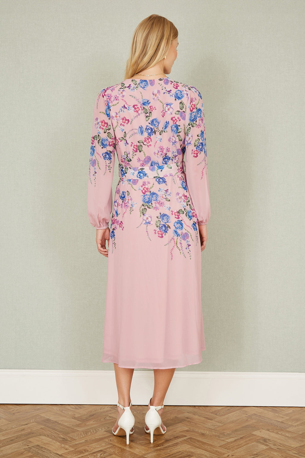 Yumi Pink Floral Placement Button Down Midi Dress With Long Sleeves
