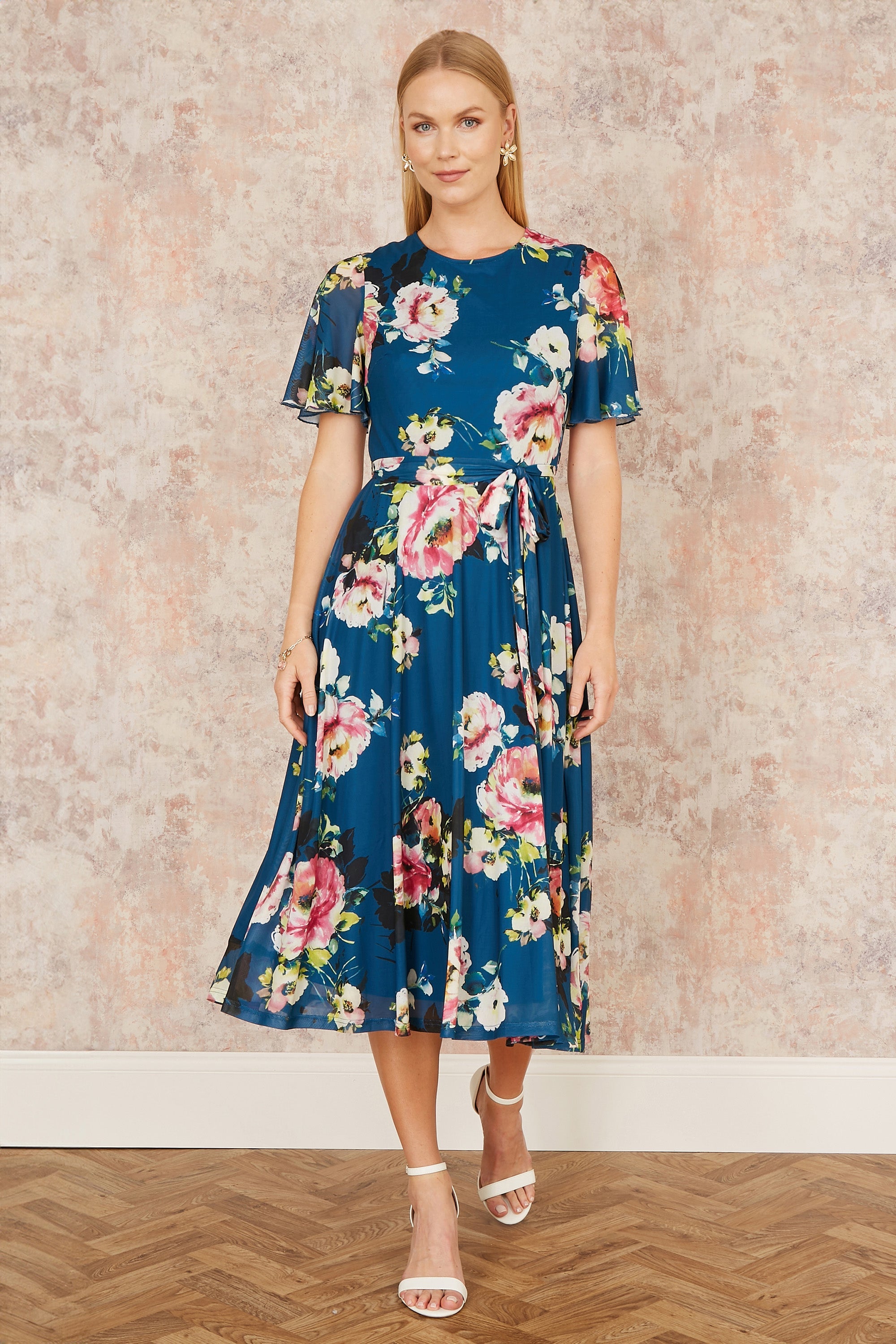 Yumi Green Mesh Floral Midi Dress With Angel Sleeves