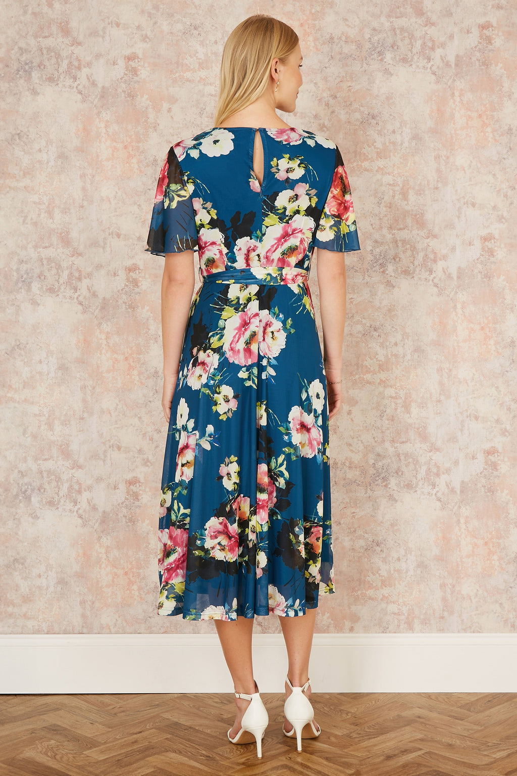Yumi Green Mesh Floral Midi Dress With Angel Sleeves