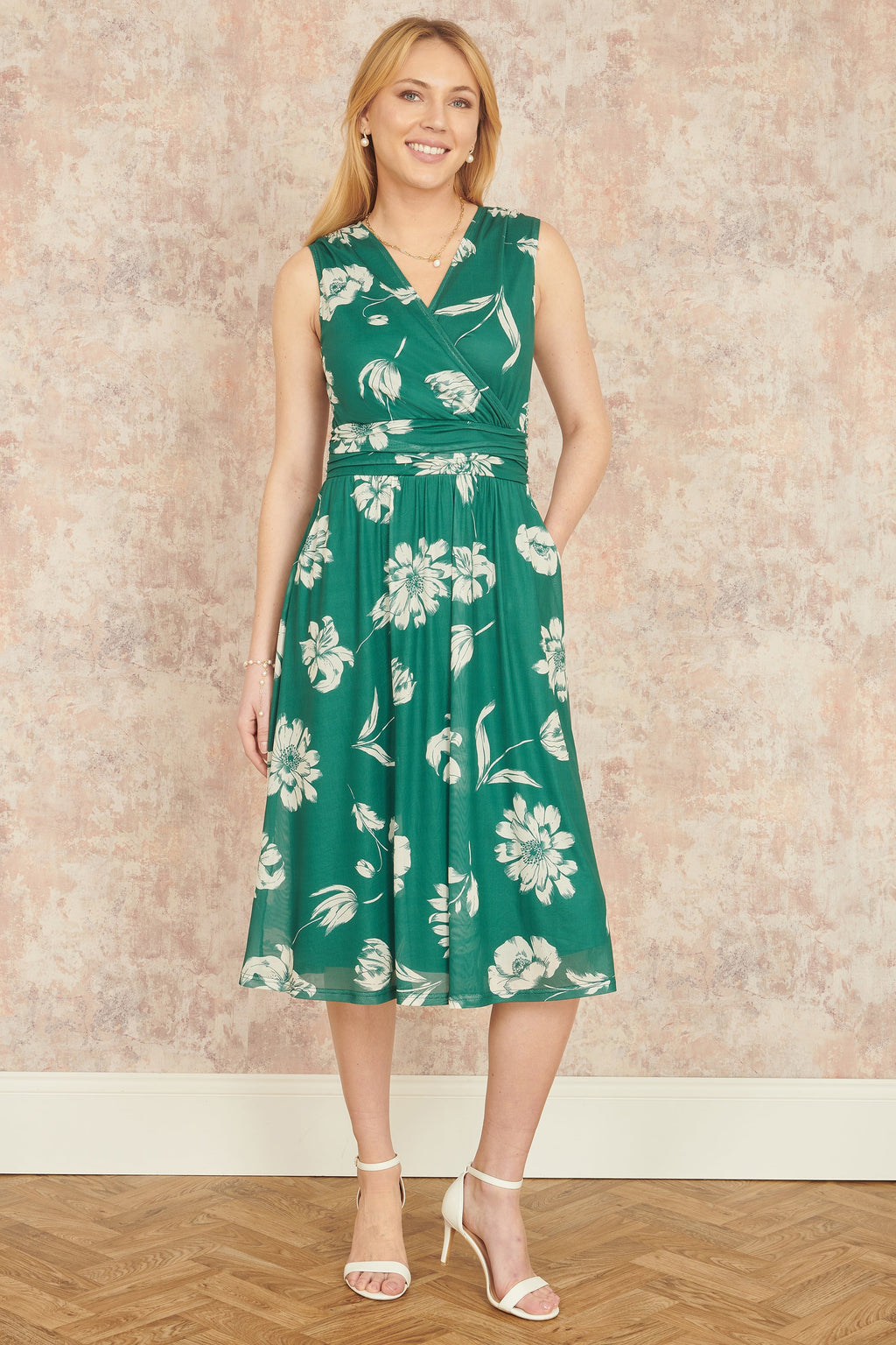 Yumi Green Floral Print Stretch Mesh Dress With Pockets