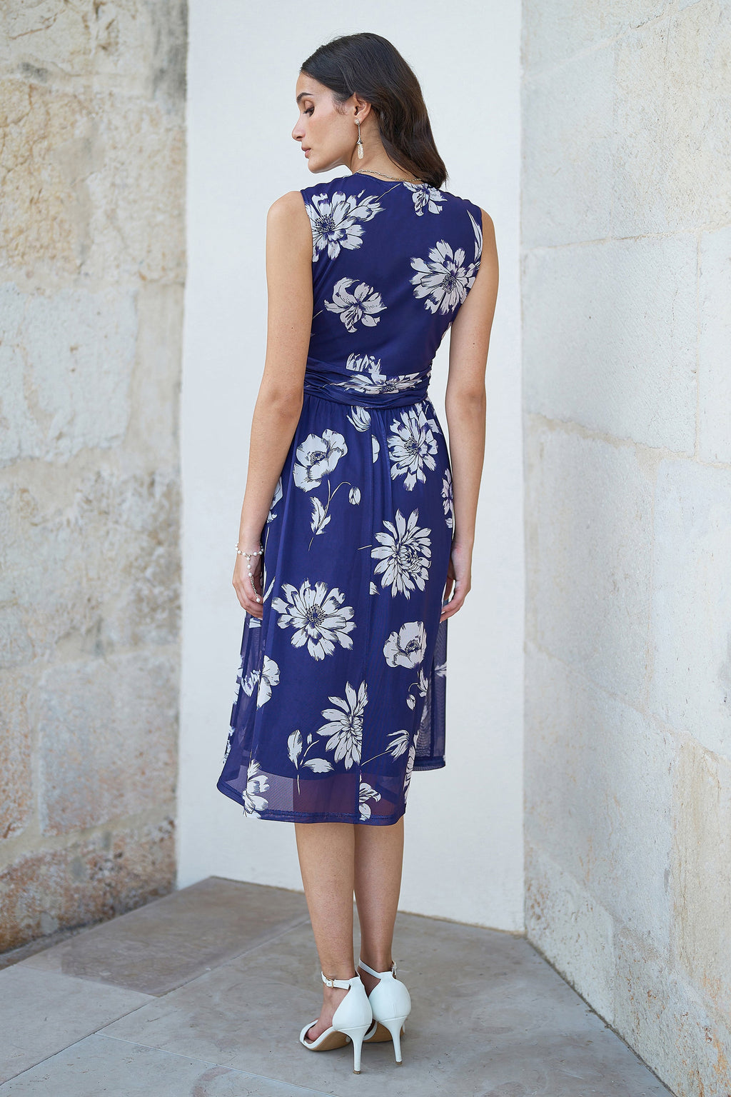 Yumi Navy Floral Print Stretch Mesh Dress With Pockets
