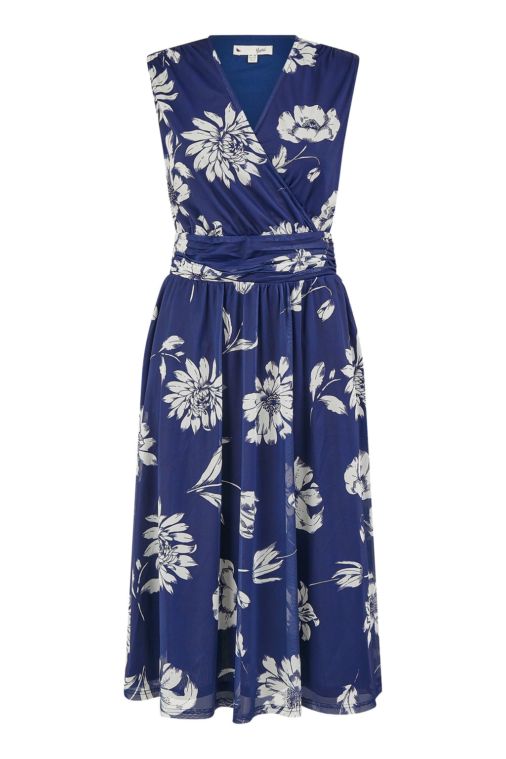 Yumi Navy Floral Print Stretch Mesh Dress With Pockets