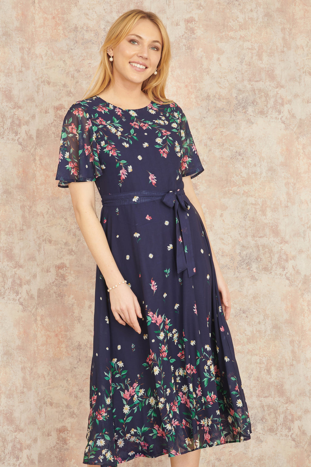 Yumi Navy Daisy Mirror Placement Skater Dress With Angel Sleeves