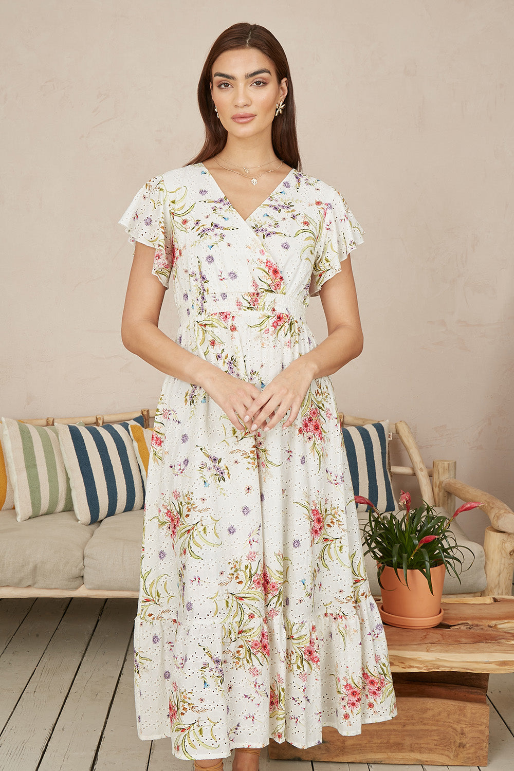 Yumi White Floral Broderie Anglaise Wrap Midi Dress