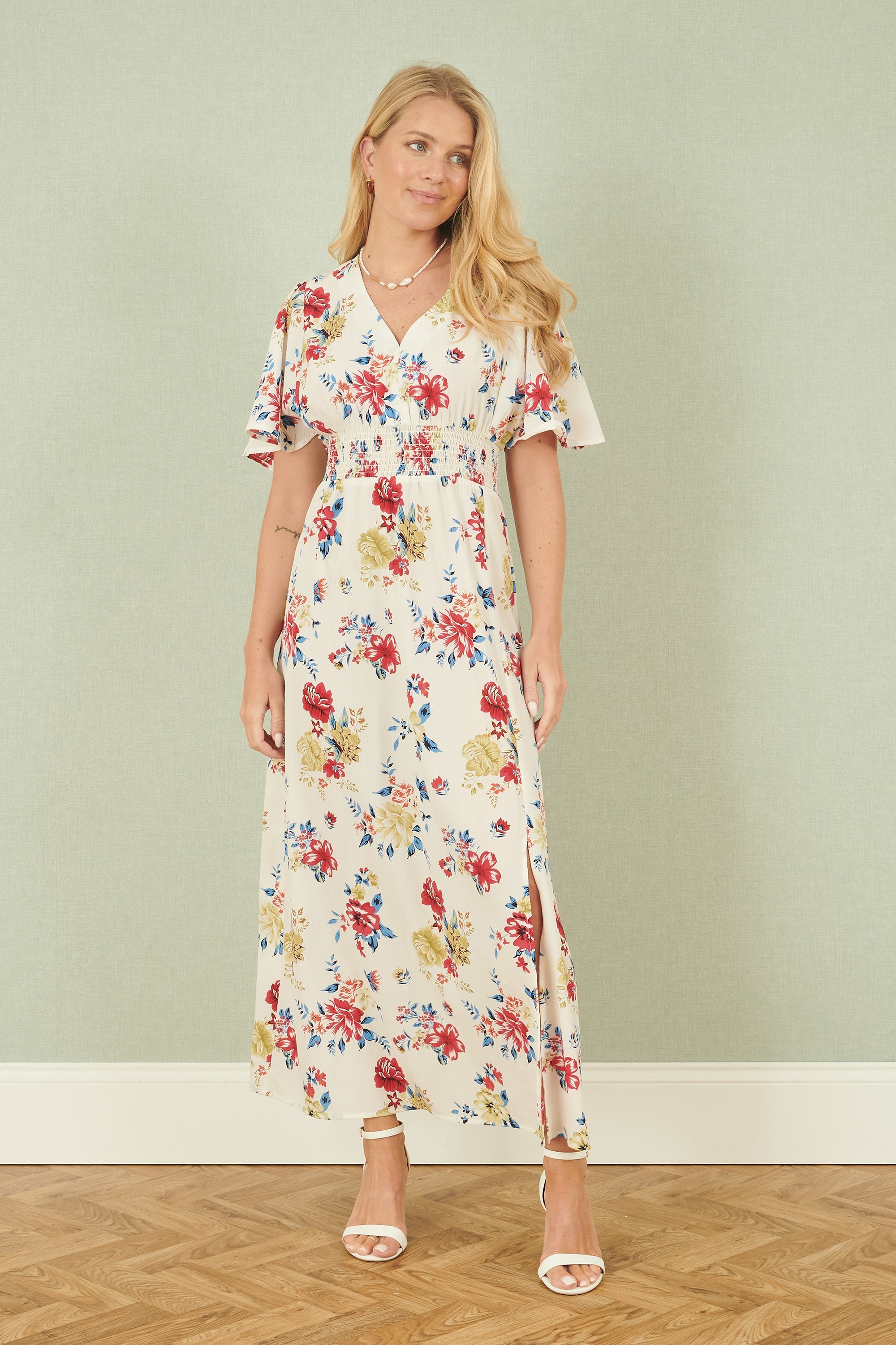 Yumi White Floral Recycled Fabric Ruched Waist Midi Dress