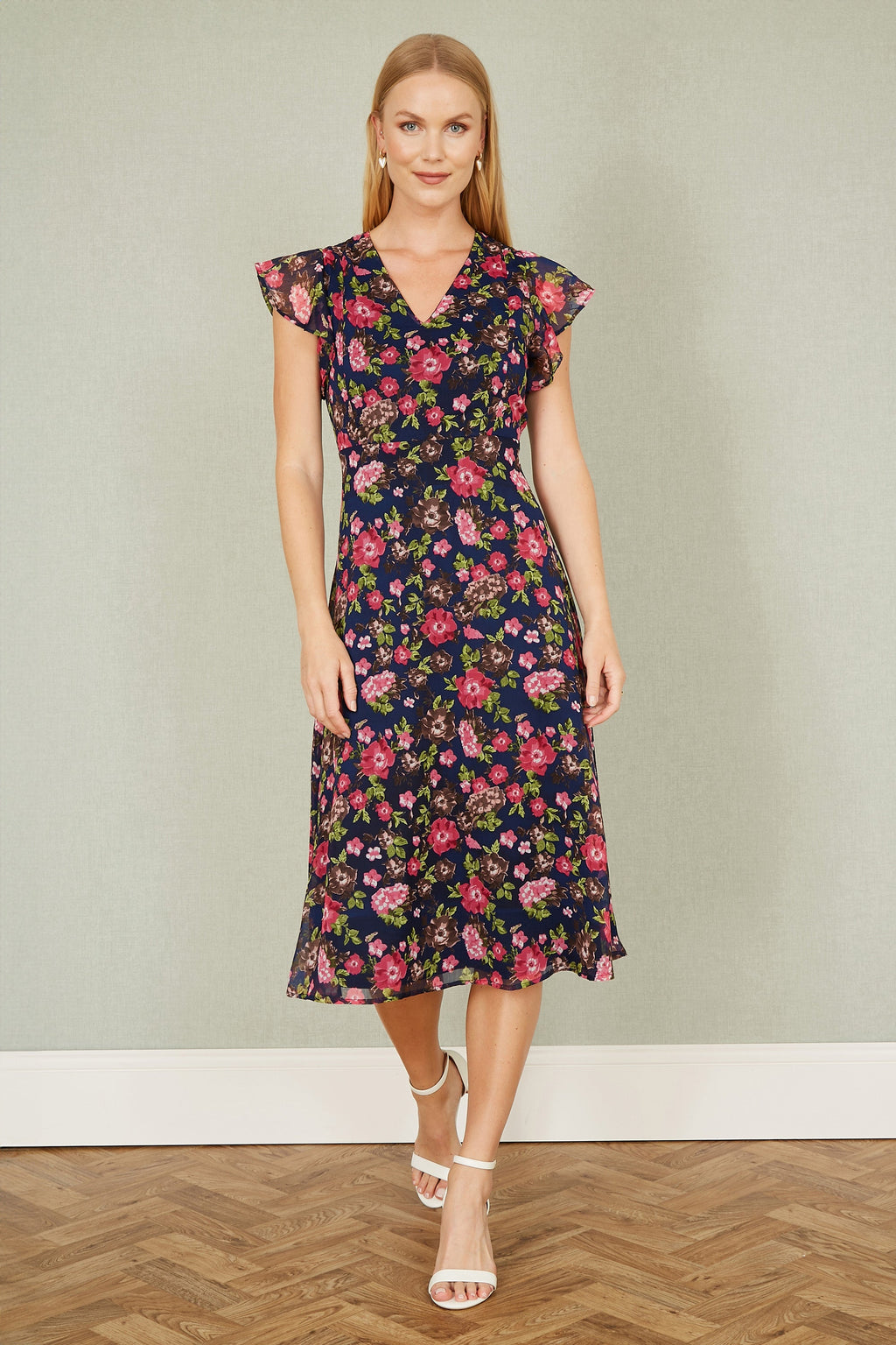 Yumi Navy Floral Midi Skater Dress