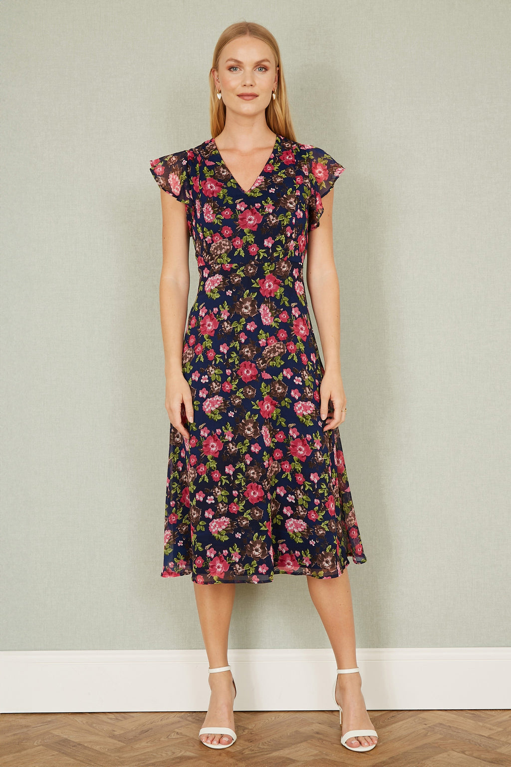 Yumi Navy Floral Midi Skater Dress