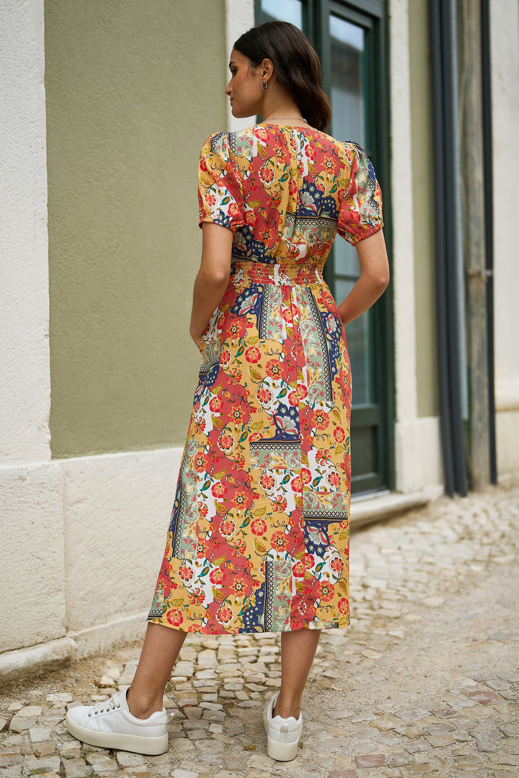 Yumi Multicolour Floral Patchwork Print Midi Shirt Dress