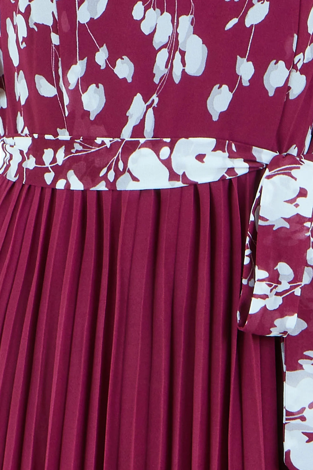 Yumi Burgundy Mirror Floral Design Pleated Midi Dress