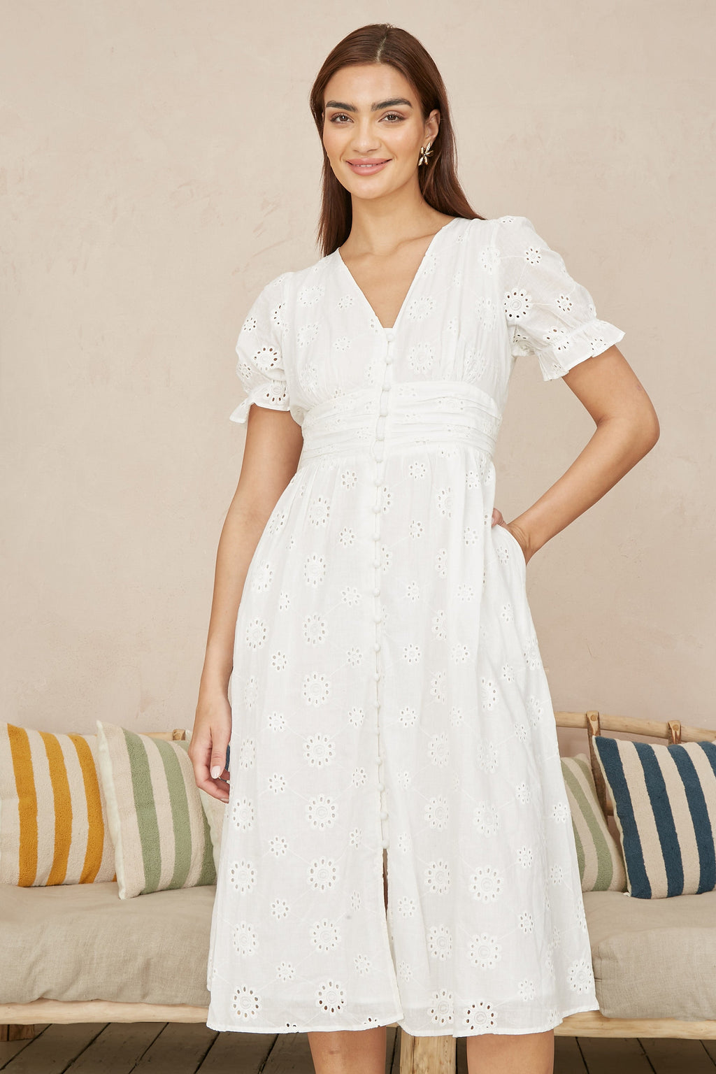 Yumi White Cotton Broderie Anglaise Midi Button Up Dress
