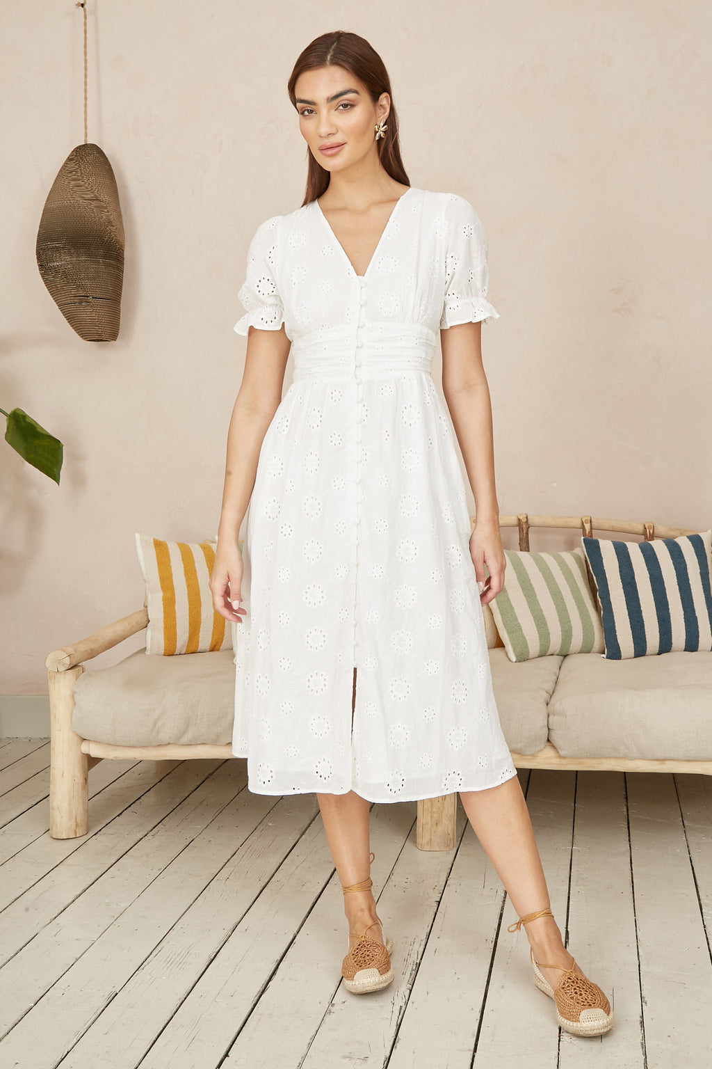 Yumi White Cotton Broderie Anglaise Midi Button Up Dress