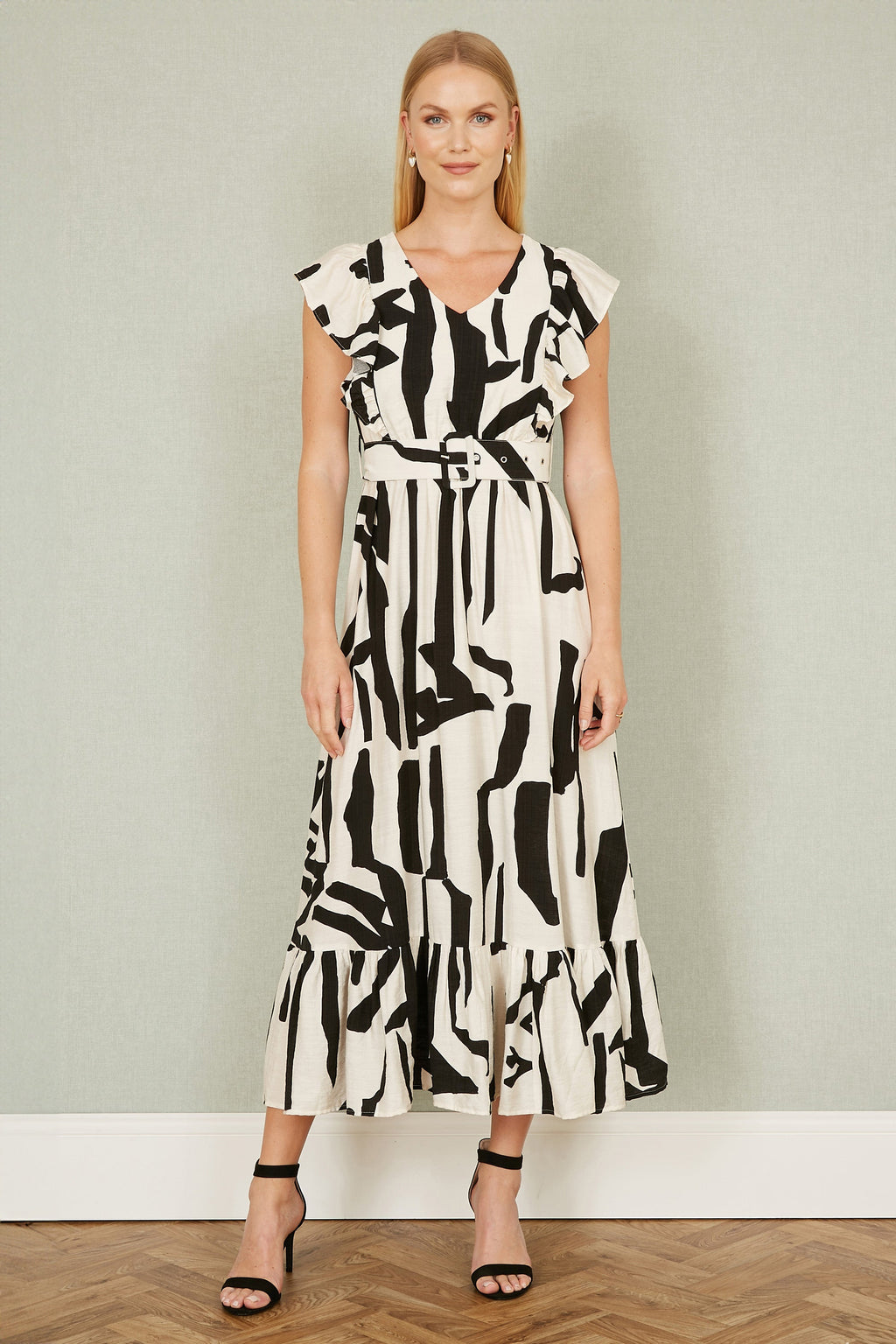 Yumi Ivory Abstract Print Viscose Midi Dress With Matching Belt