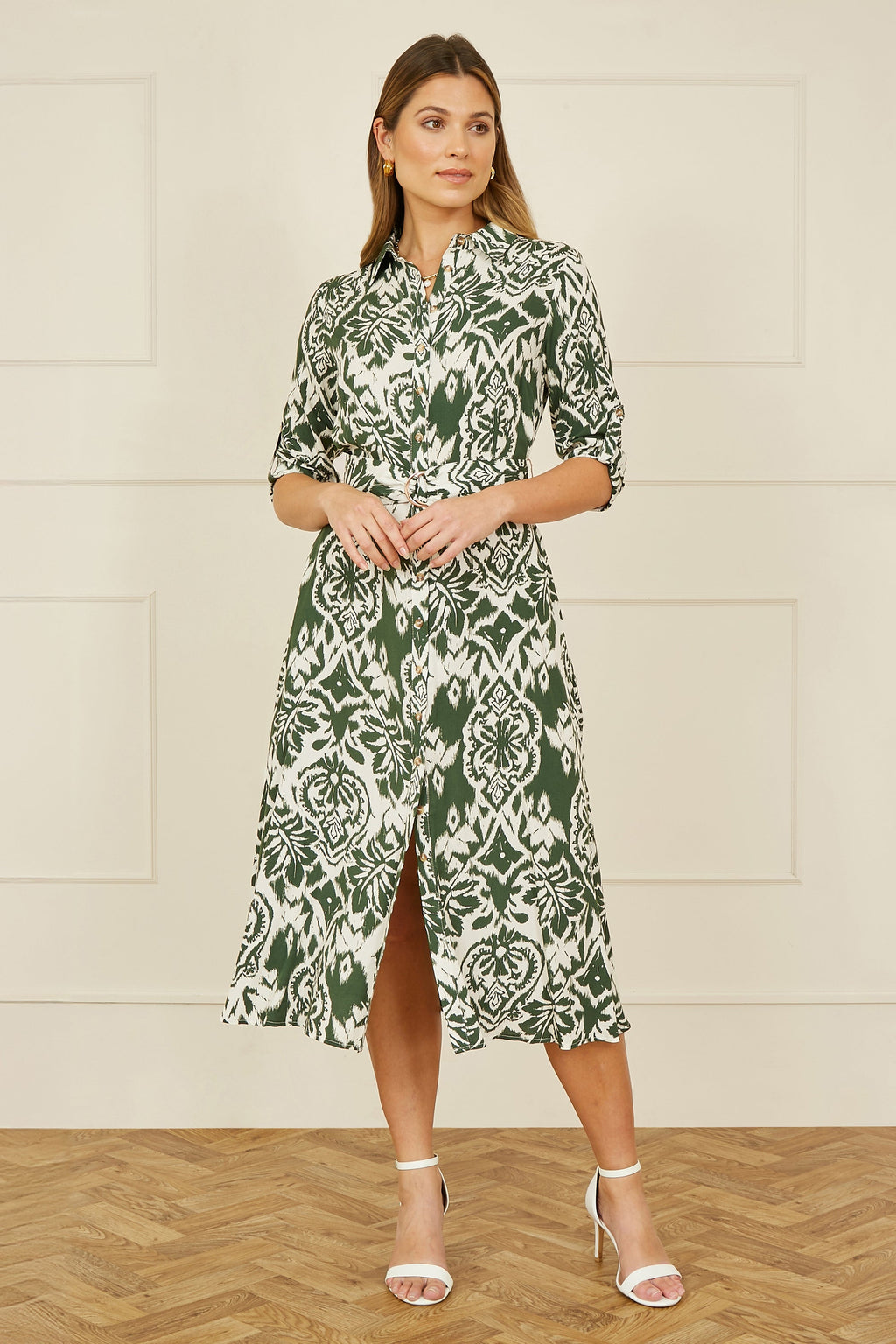 Yumi Green Ikat Geo Print Midi Shirt Dress