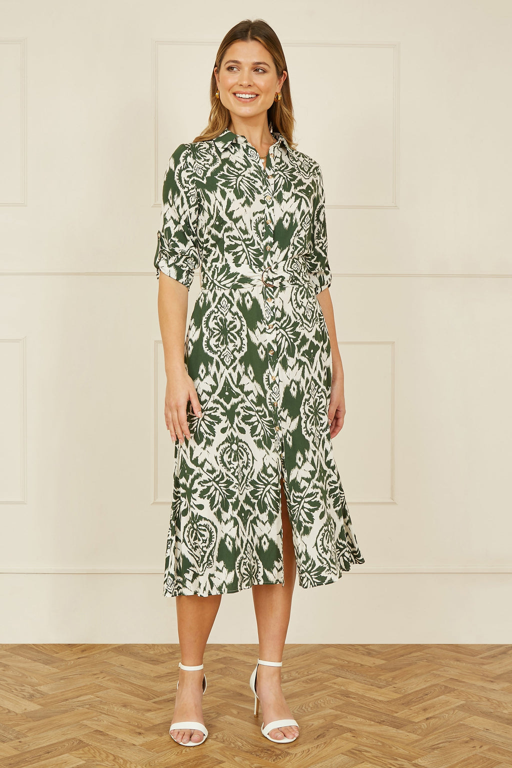 Yumi Green Ikat Geo Print Midi Shirt Dress