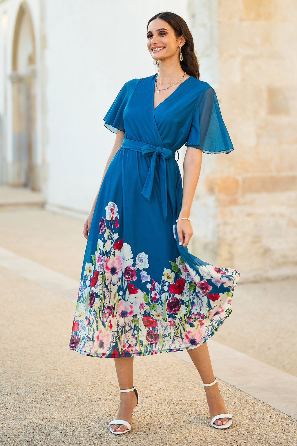 Yumi Teal Mesh Wrap Midi Dress With Floral Hem Border