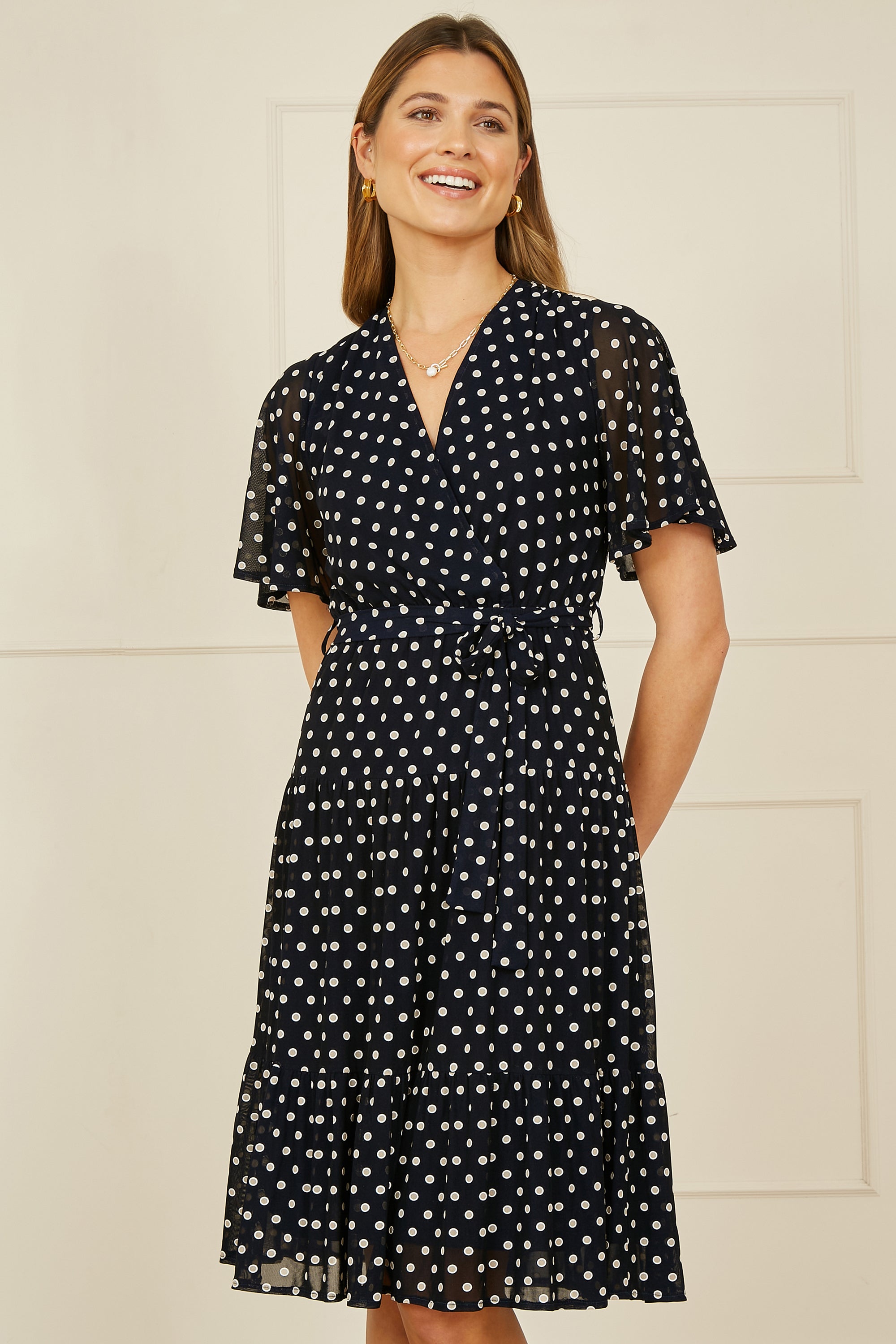Yumi Navy Dot Print Mesh Stretch Midi Skater Dress