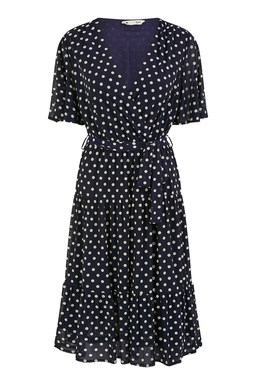 Yumi Navy Dot Print Mesh Stretch Midi Skater Dress